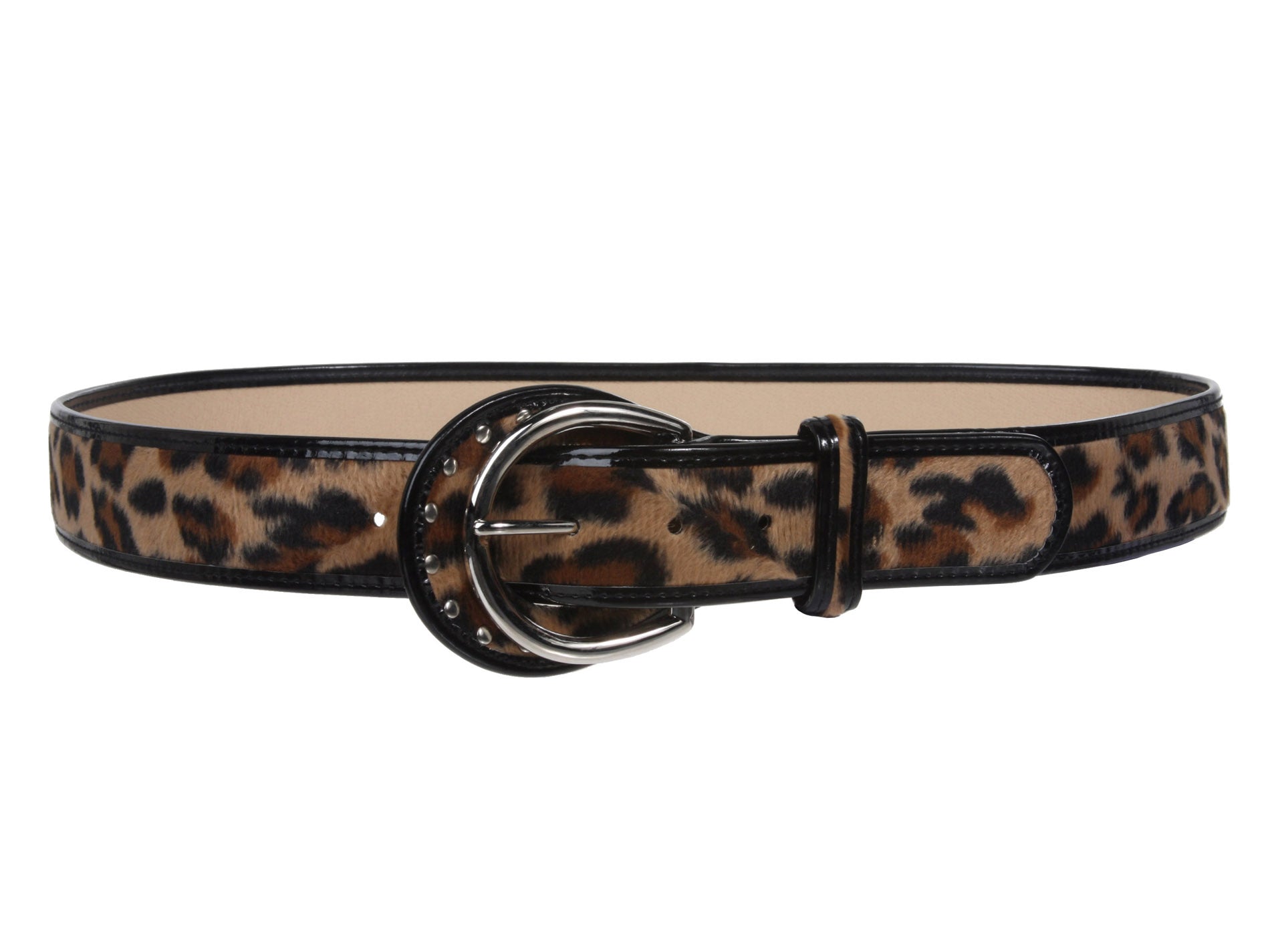 1 1/2" Wide Ladies Patent Leather faux Leopard Print Animal Fur Fashion Belt - OnlineBelts
