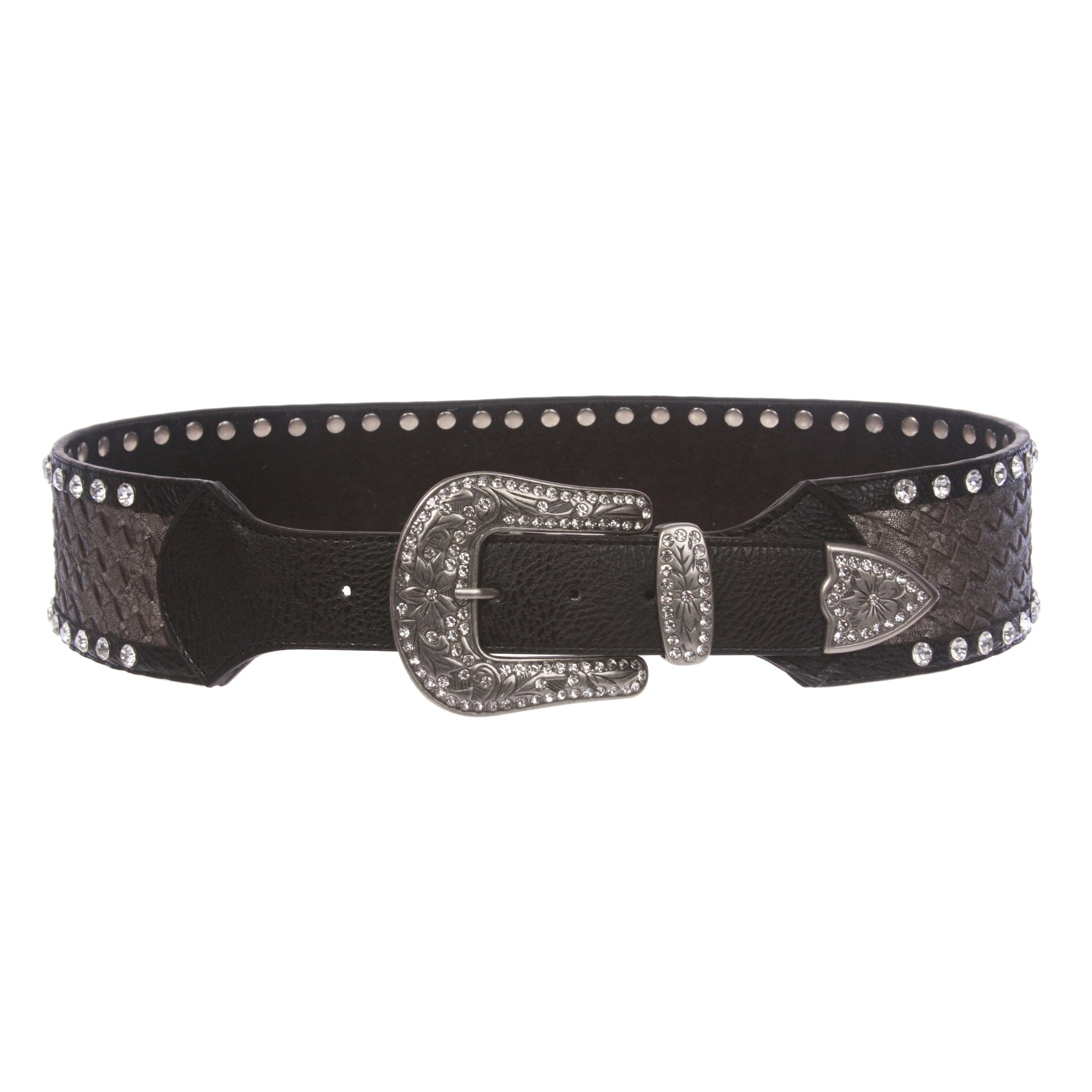 2 3/4" Wide Western Braided Woven Rhinestone Tapered Contour Leather Belt - OnlineBelts