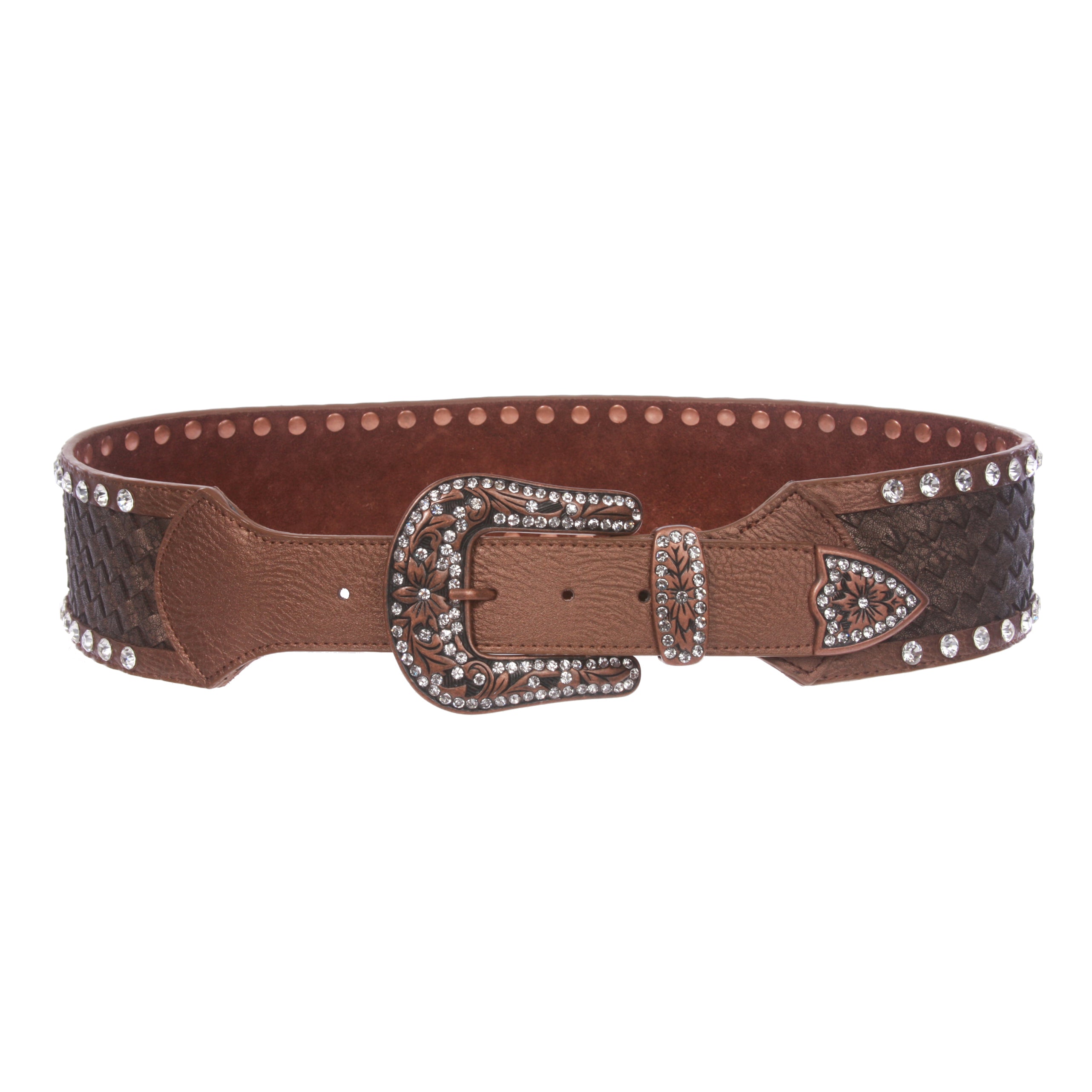 2 3/4" Wide Western Braided Woven Rhinestone Tapered Contour Leather Belt - OnlineBelts