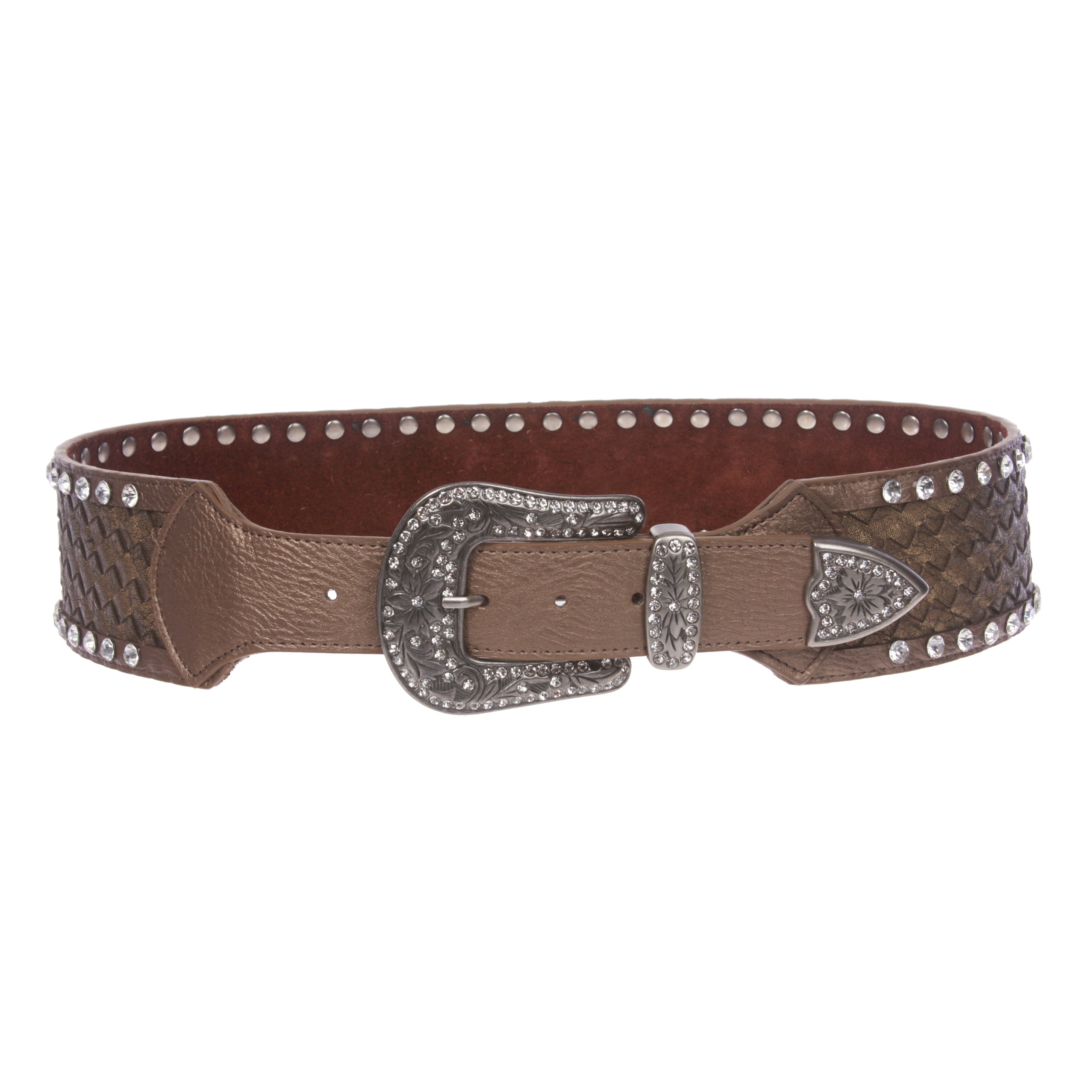 2 3/4" Wide Western Braided Woven Rhinestone Tapered Contour Leather Belt - OnlineBelts