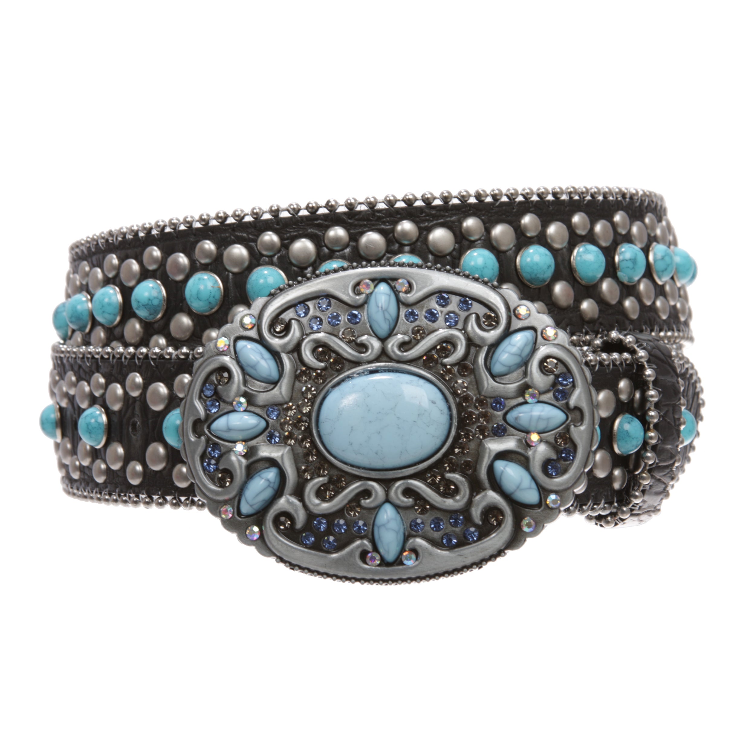 Western Turquoise Rhinestone Studded Faux Crocodile Print Genuine Leather Belt - OnlineBelts