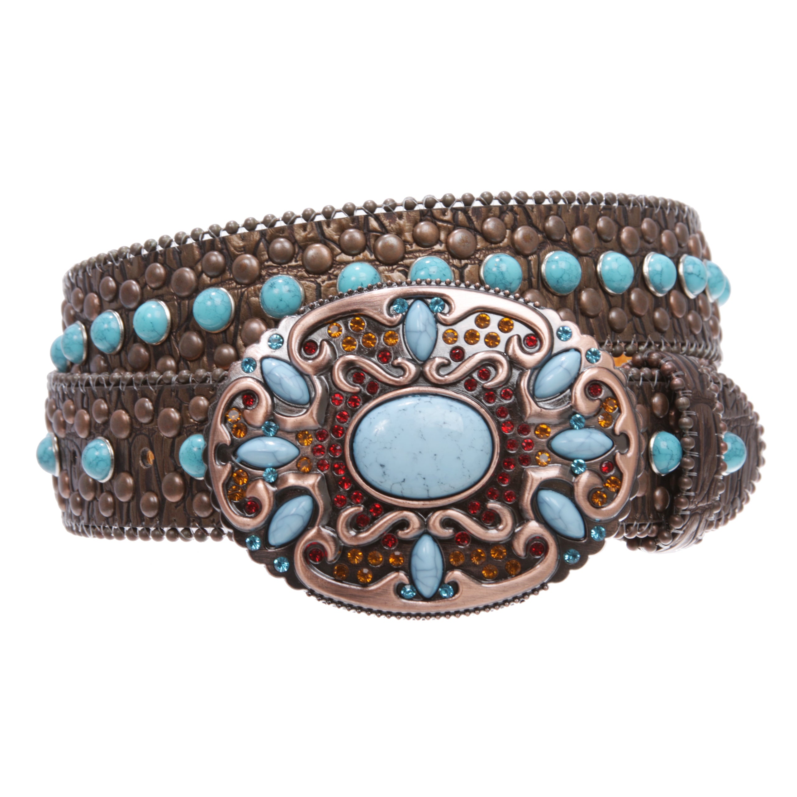 Western Turquoise Rhinestone Studded Faux Crocodile Print Genuine Leather Belt - OnlineBelts