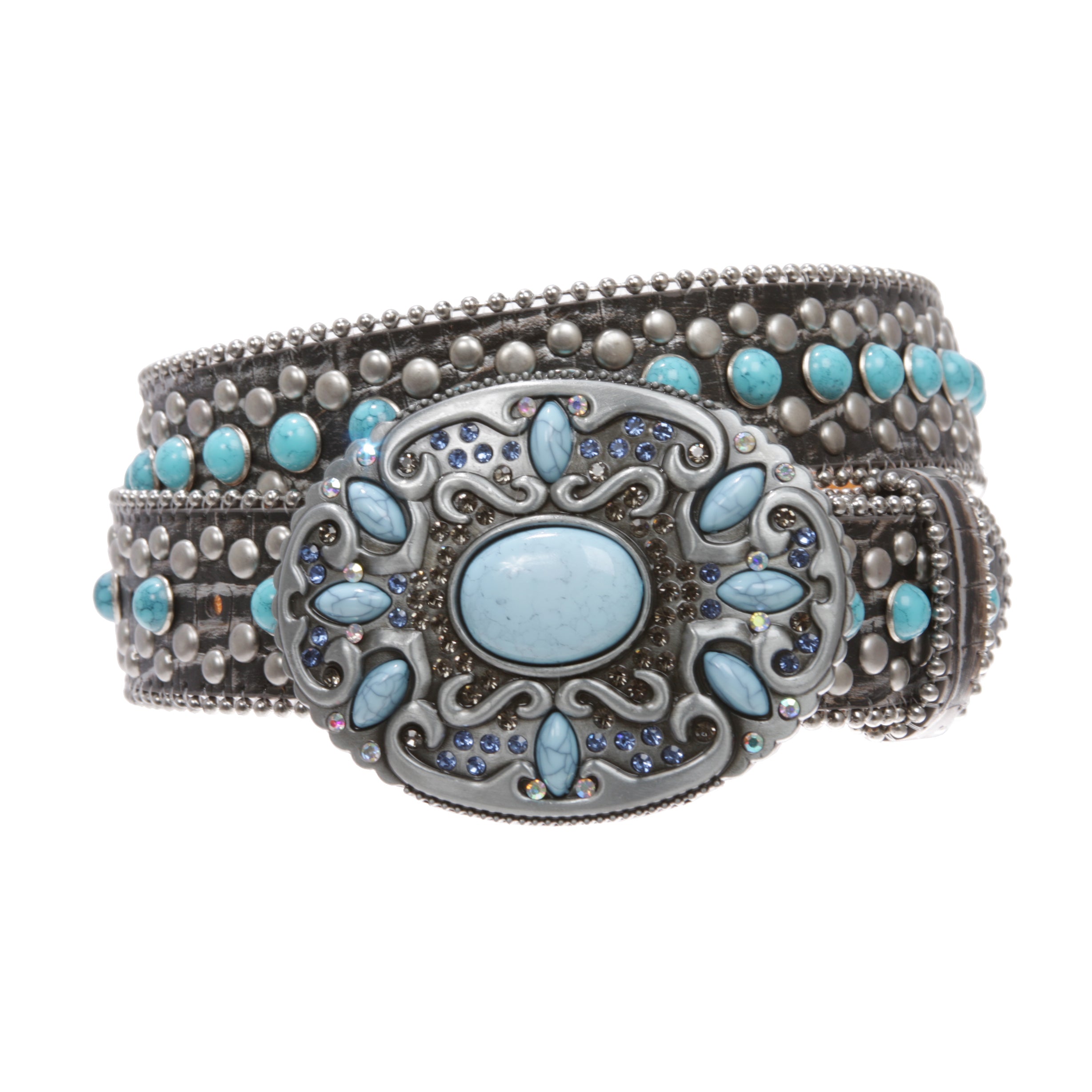 Western Turquoise Rhinestone Studded Faux Crocodile Print Genuine Leather Belt - OnlineBelts