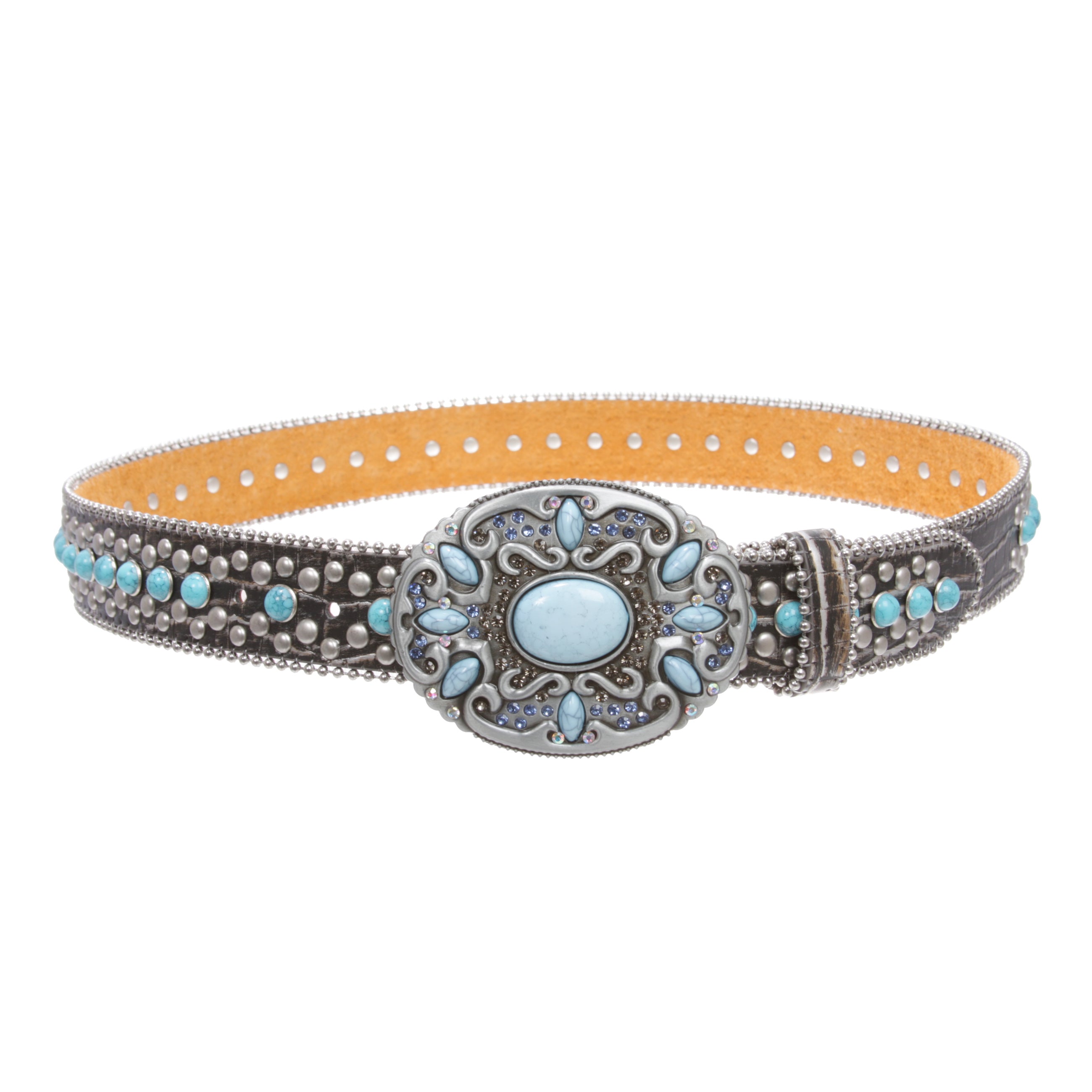 Western Turquoise Rhinestone Studded Faux Crocodile Print Genuine Leather Belt - OnlineBelts