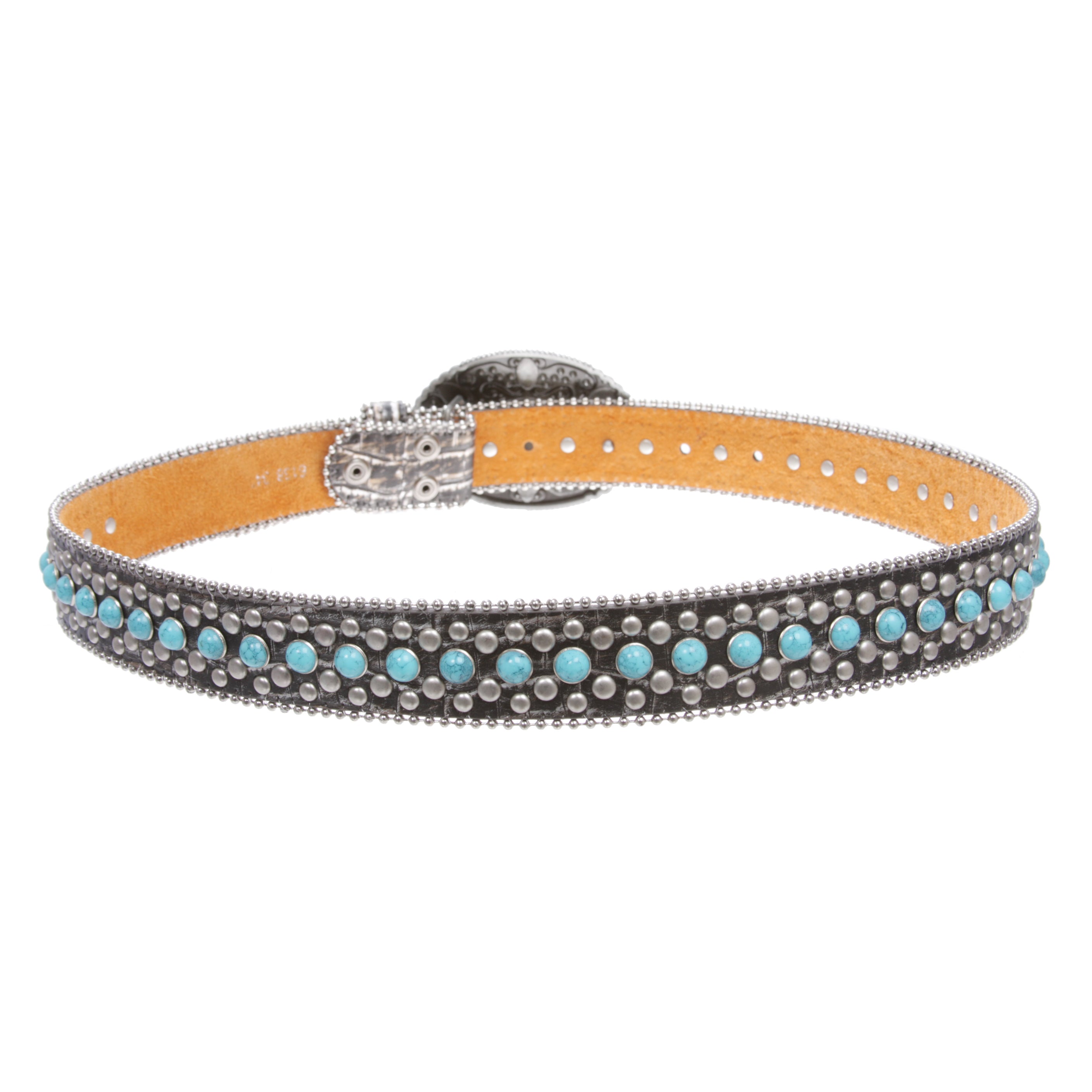 Western Turquoise Rhinestone Studded Faux Crocodile Print Genuine Leather Belt - OnlineBelts