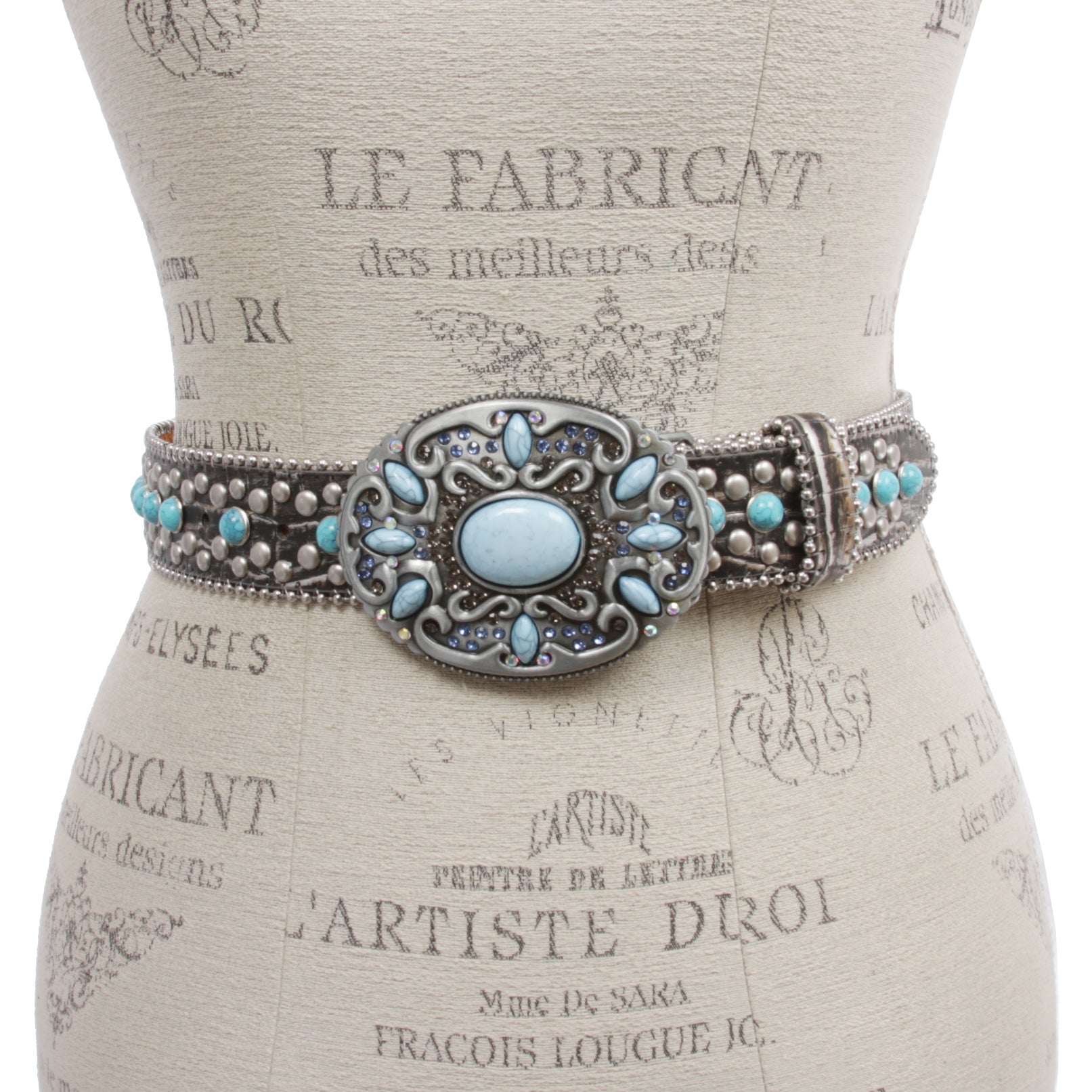 Western Turquoise Rhinestone Studded Faux Crocodile Print Genuine Leather Belt - OnlineBelts