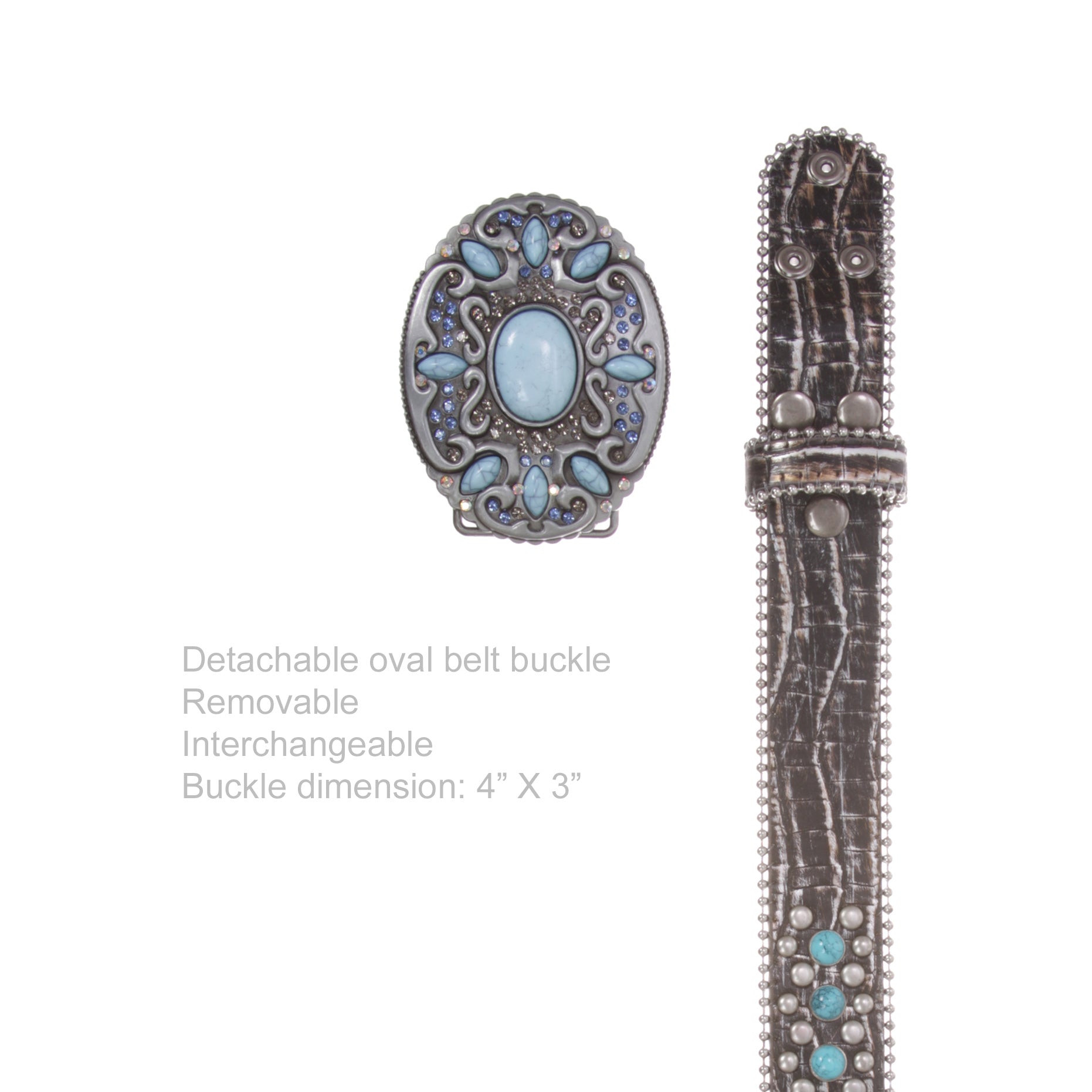 Western Turquoise Rhinestone Studded Faux Crocodile Print Genuine Leather Belt