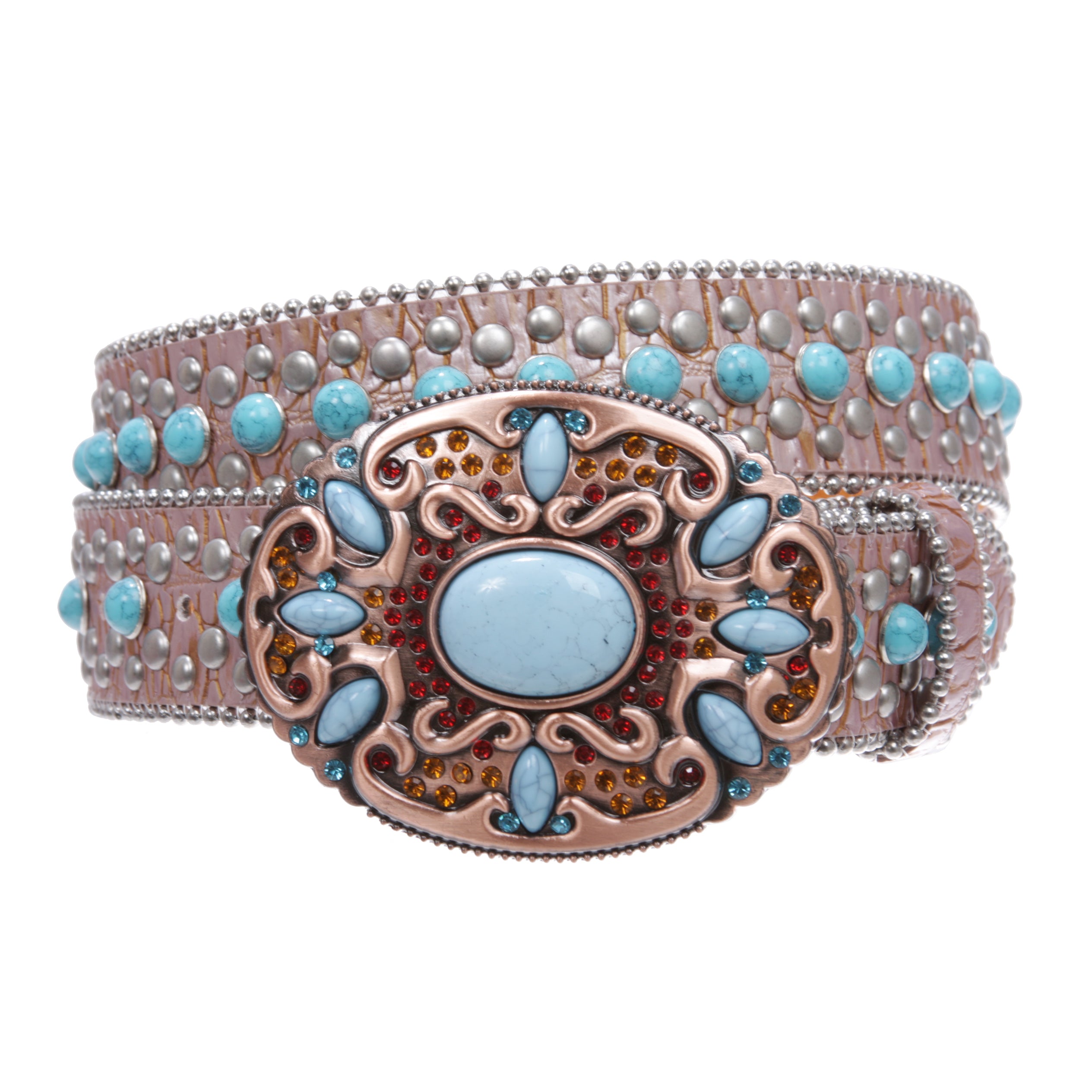 Western Turquoise Rhinestone Studded Faux Crocodile Print Genuine Leather Belt - OnlineBelts