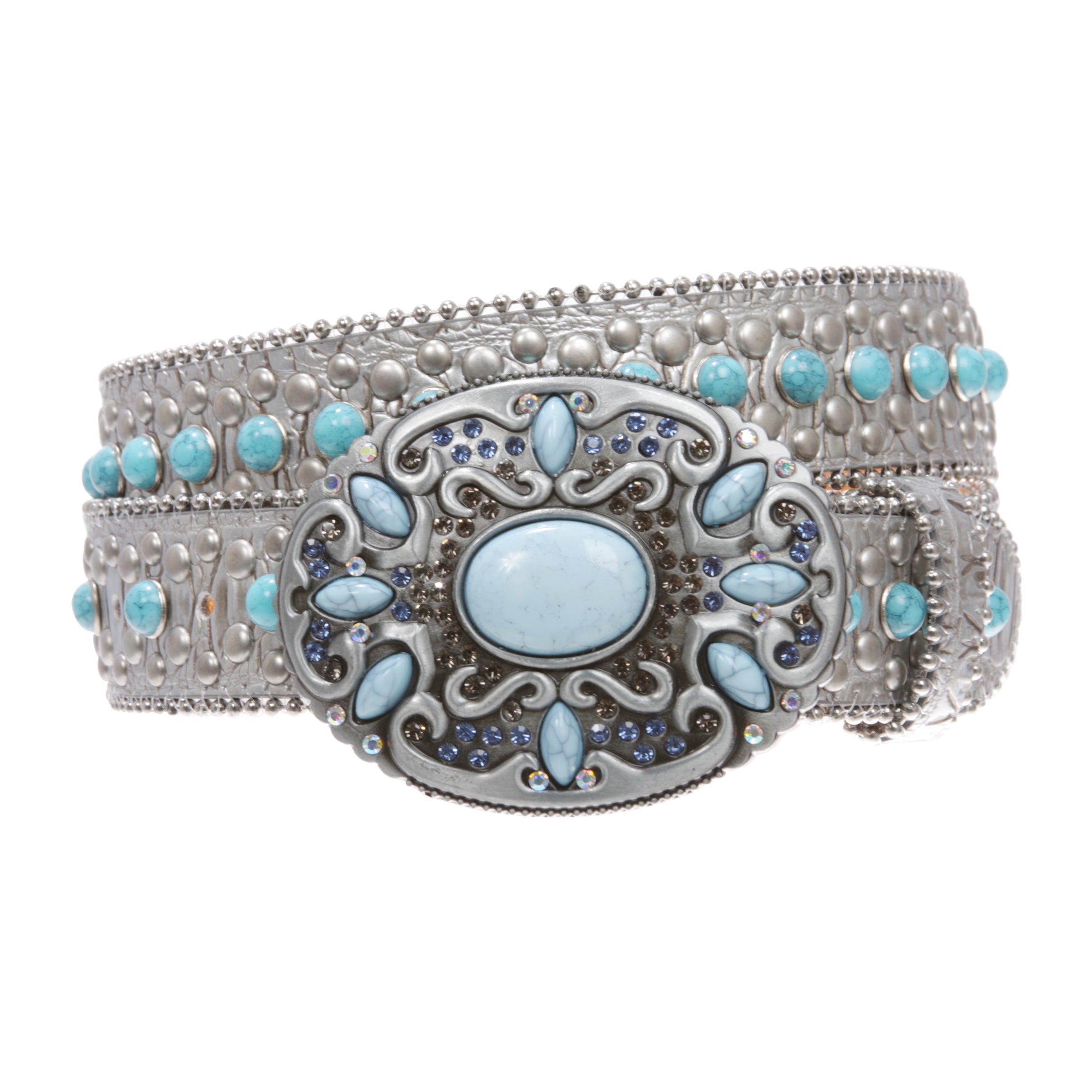 Western Turquoise Rhinestone Studded Faux Crocodile Print Genuine Leather Belt - OnlineBelts