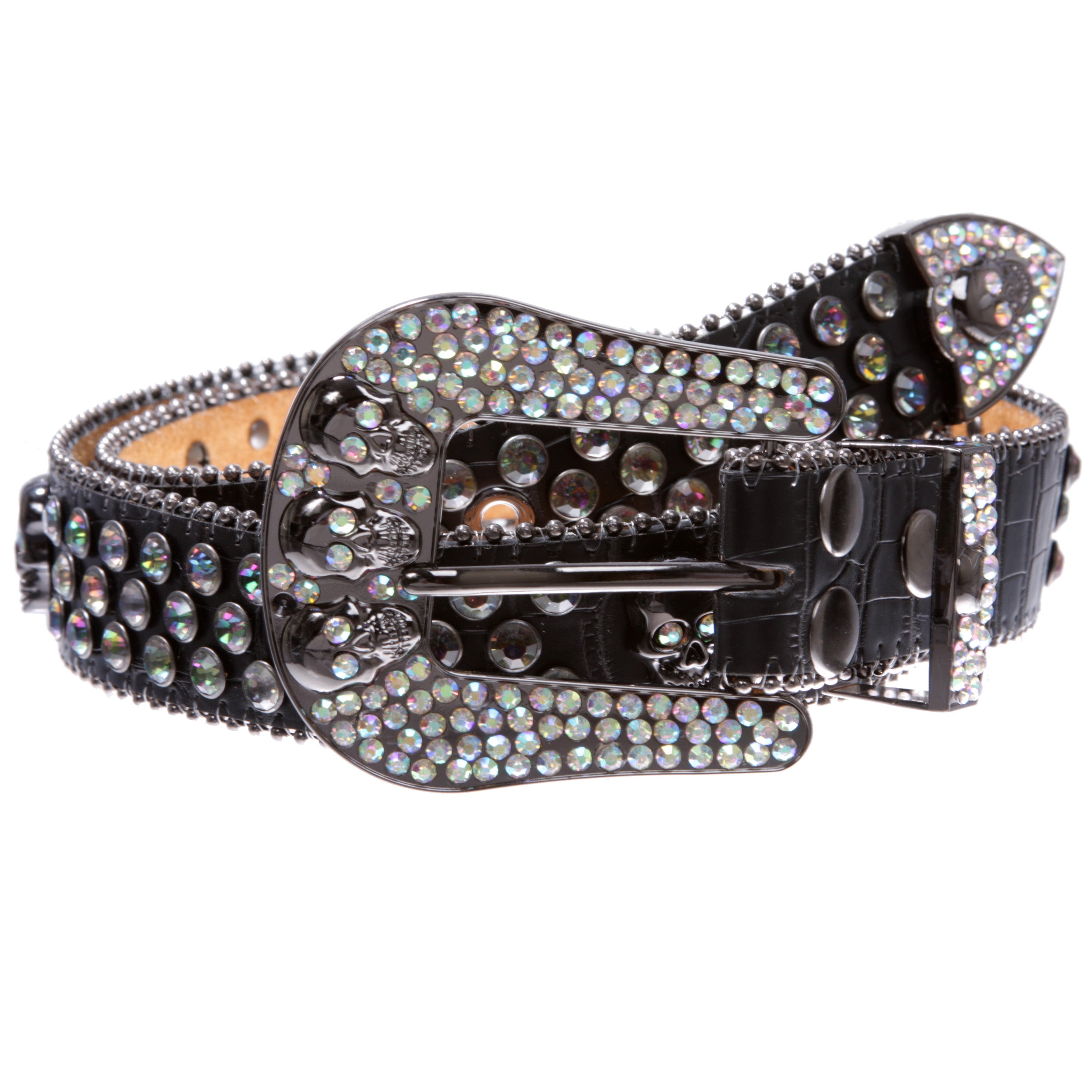 Cowboy Cowgirl Western Skull Rhinestone Bling Leather Belt for Men and Women - OnlineBelts