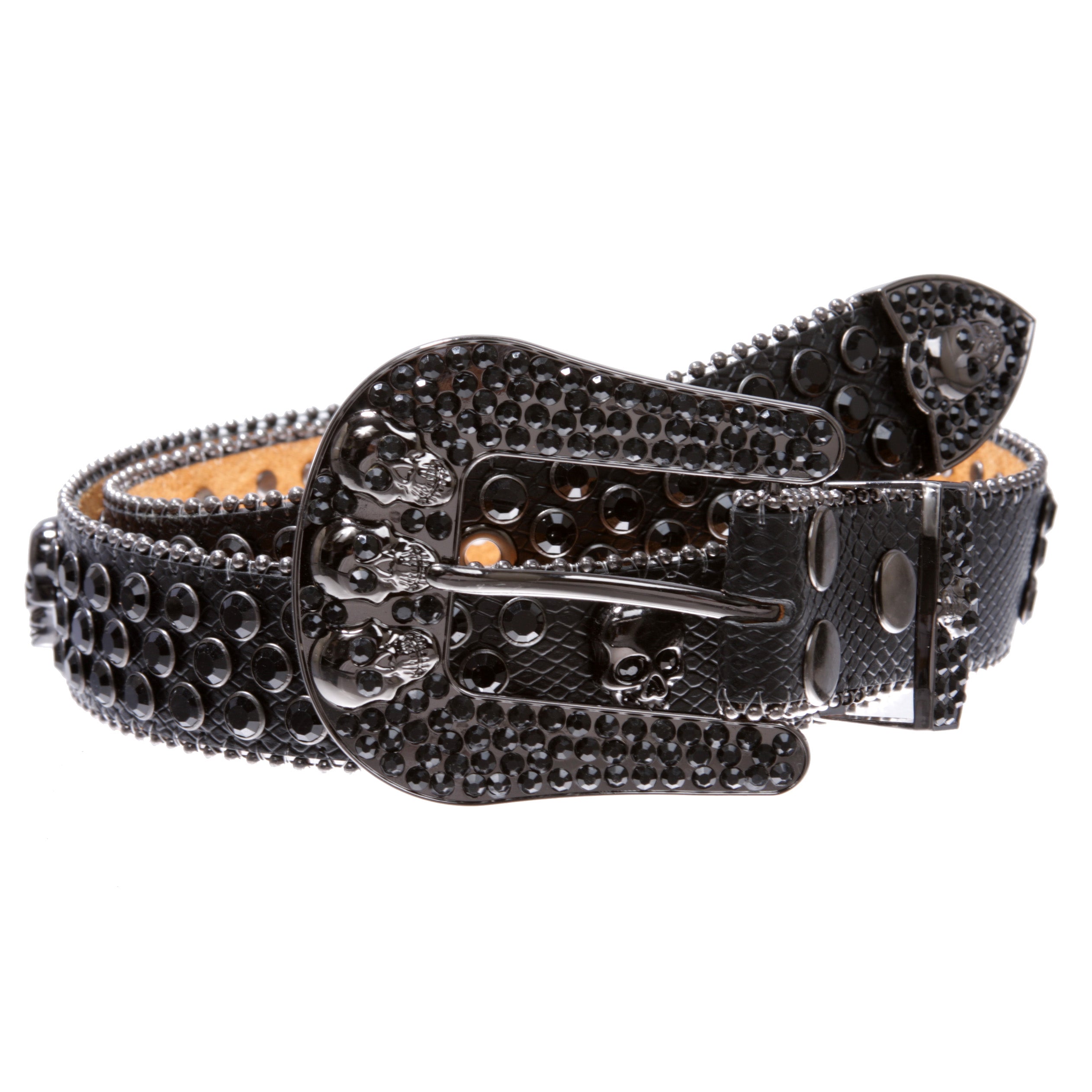 Cowboy Cowgirl Western Skull Rhinestone Bling Leather Belt for Men and Women - OnlineBelts