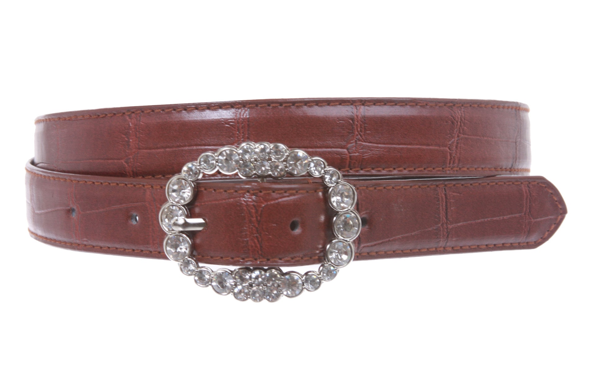 Women's Faux Crocodile Print Rhinestone Skinny Belt - OnlineBelts