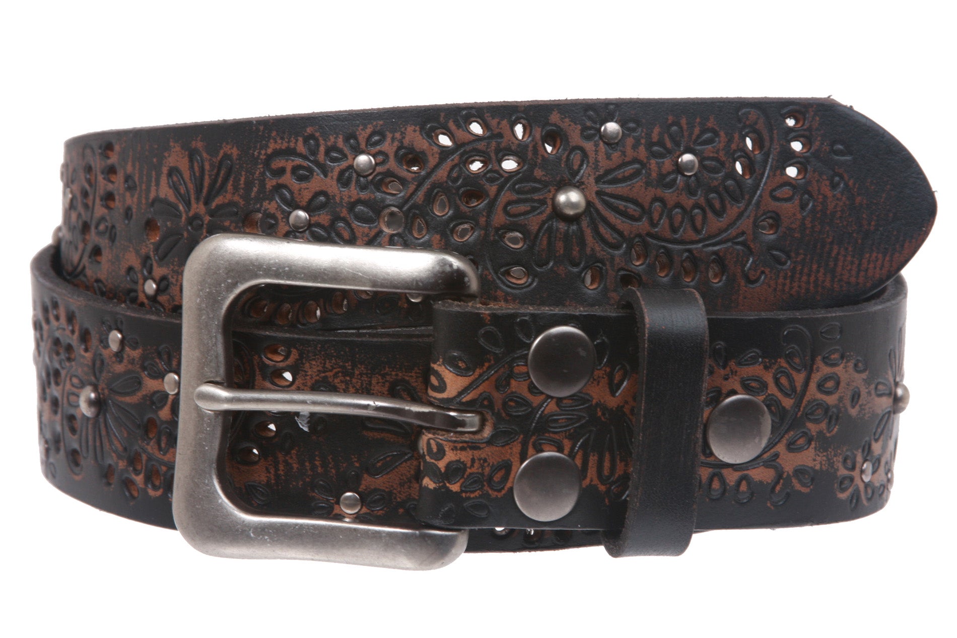 1 1/2" Snap On Embossed Vintage Cowhide Full Grain Leather Floral Rivet Perforated Casual Belt - OnlineBelts