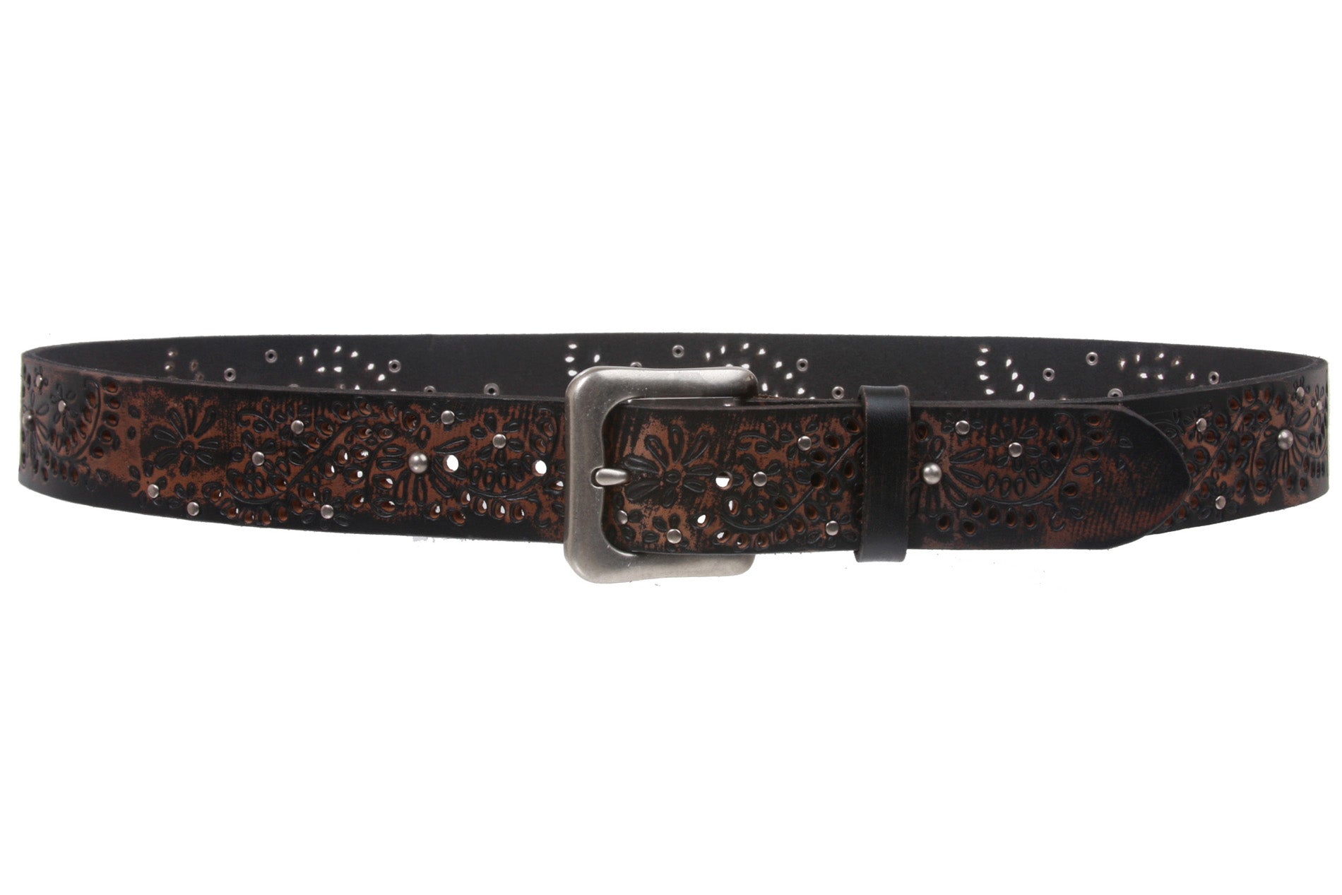 1 1/2" Snap On Embossed Vintage Cowhide Full Grain Leather Floral Rivet Perforated Casual Belt - OnlineBelts