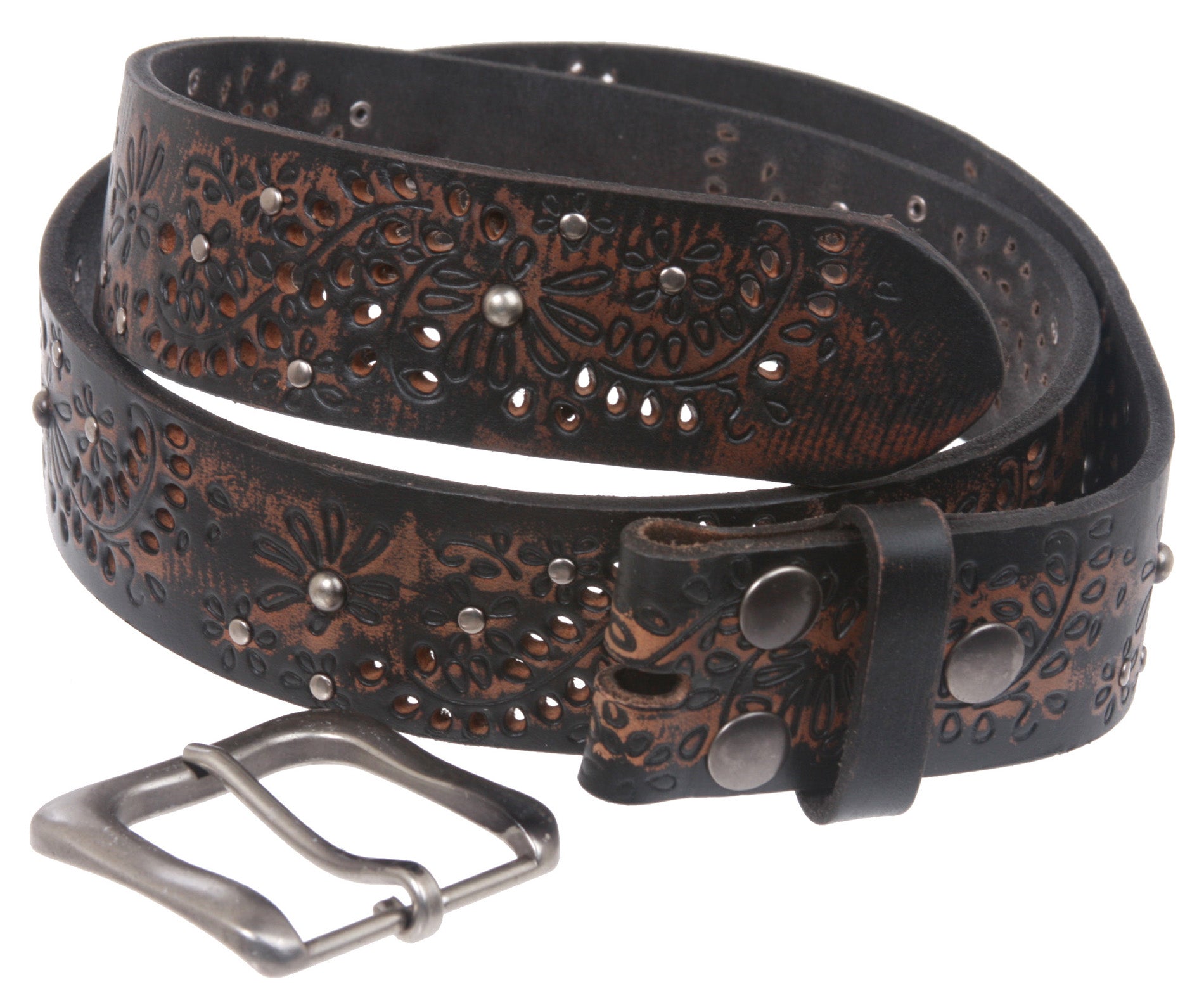 1 1/2" Snap On Embossed Vintage Cowhide Full Grain Leather Floral Rivet Perforated Casual Belt - OnlineBelts