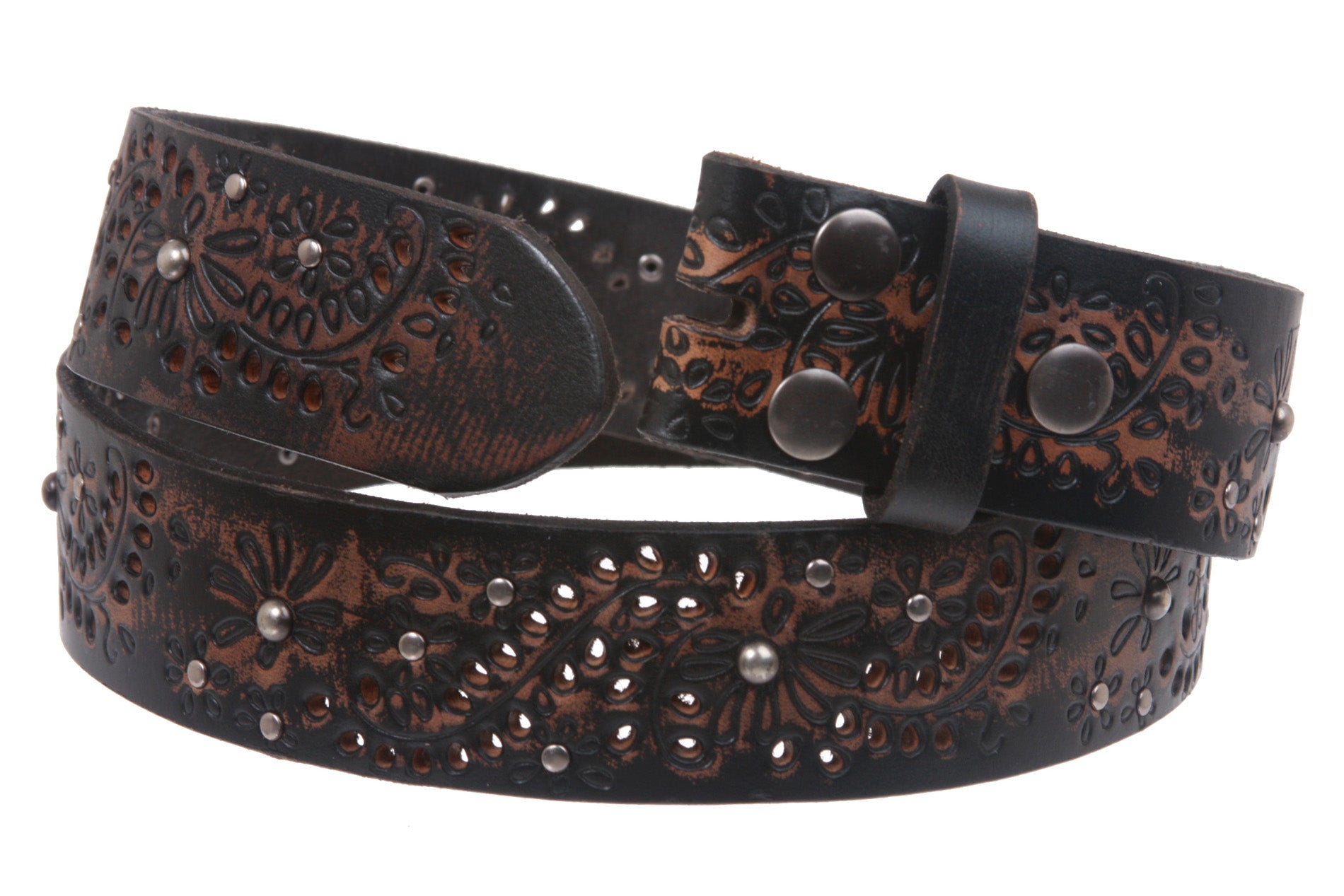 1 1/2" Snap On Embossed Vintage Cowhide Full Grain Leather Floral Rivet Perforated Casual Belt - OnlineBelts