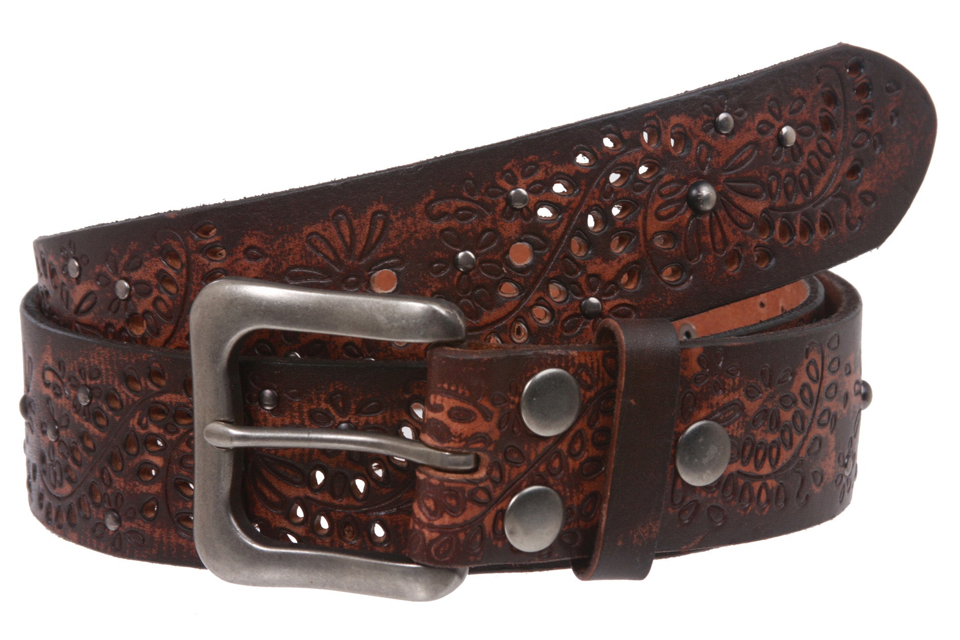 1 1/2" Snap On Embossed Vintage Cowhide Full Grain Leather Floral Rivet Perforated Casual Belt - OnlineBelts