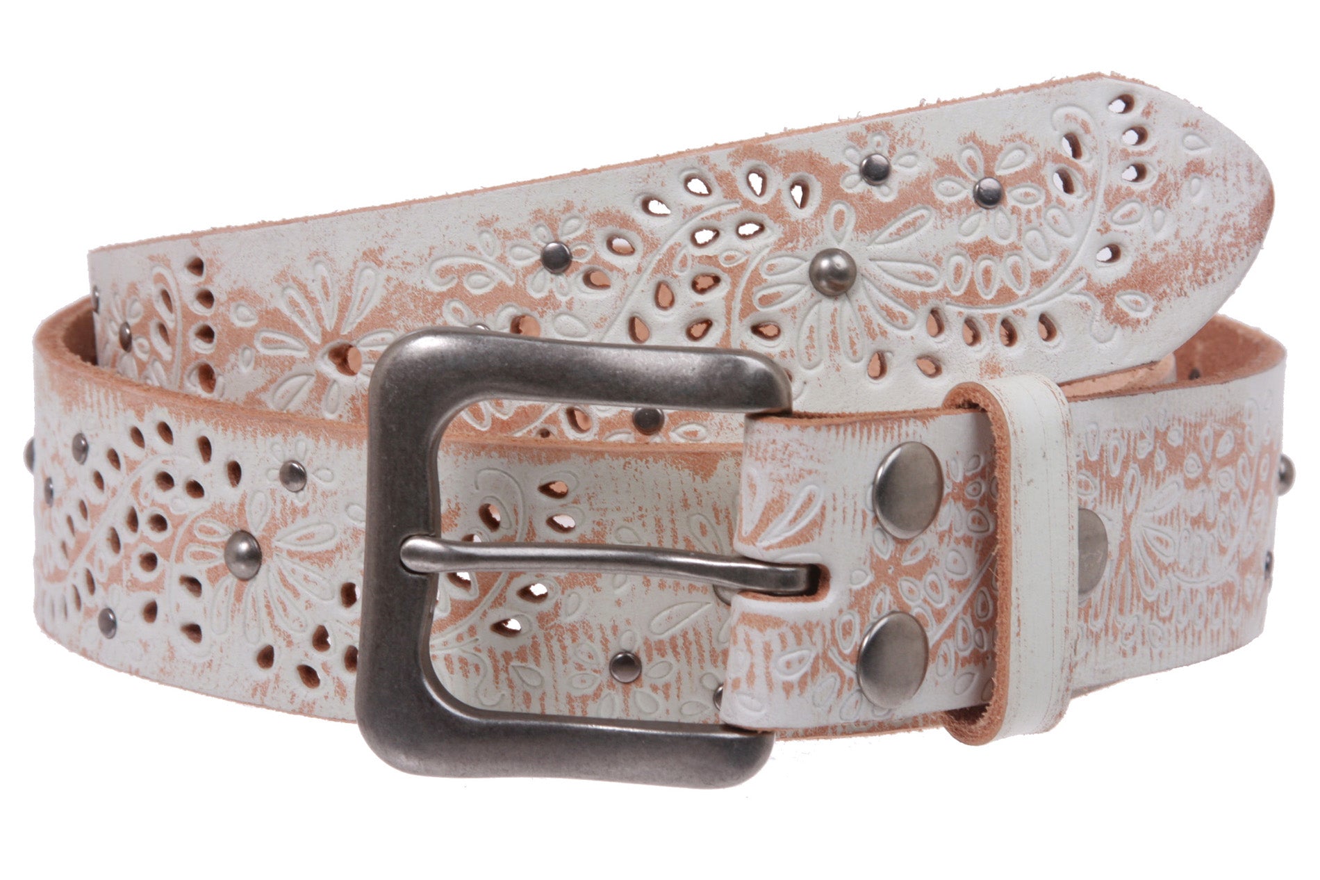 1 1/2" Snap On Embossed Vintage Cowhide Full Grain Leather Floral Rivet Perforated Casual Belt - OnlineBelts