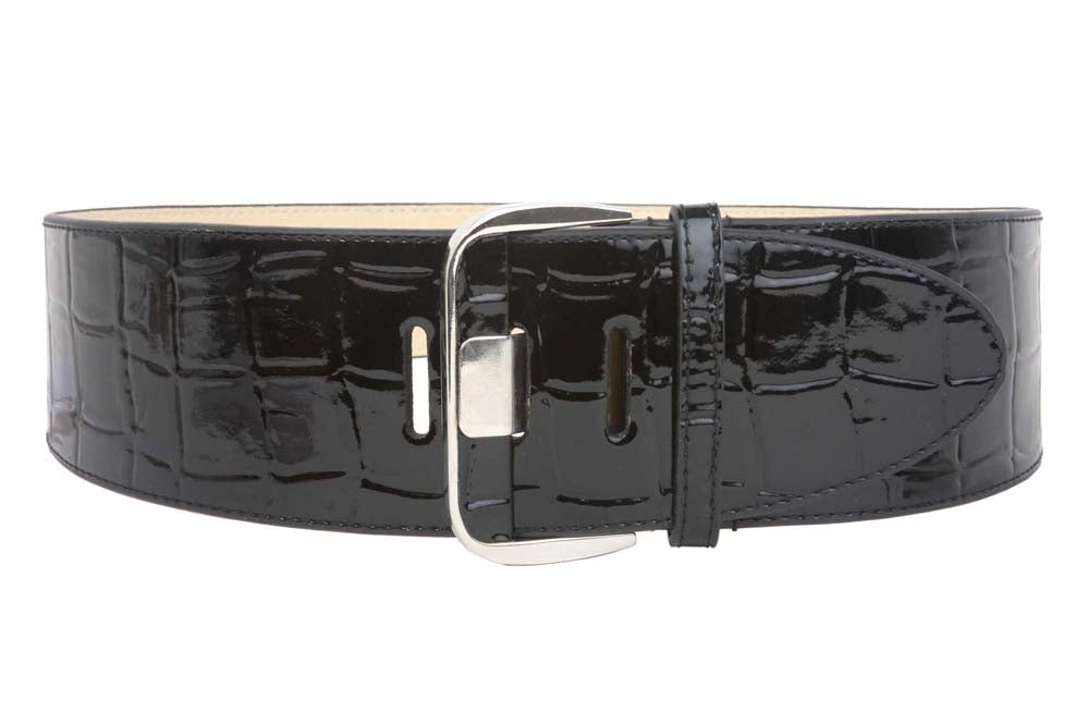 NICOLE LEE Ladies 2 3/4" Wide Semi-covered High Waist Patent Croco Tapered Faux Leather Belt - OnlineBelts