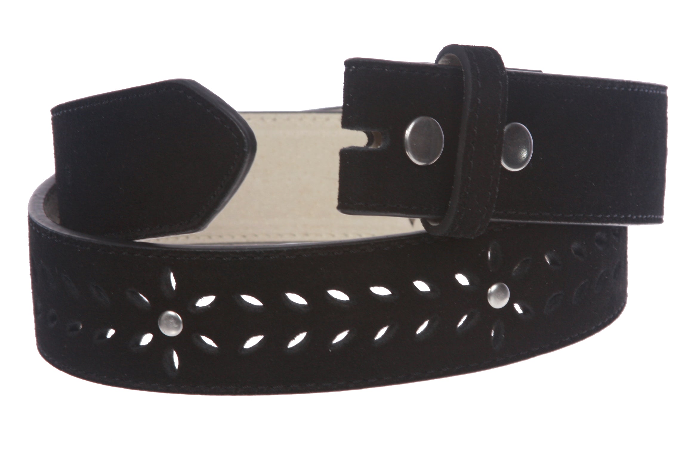 1 1/2" (38 mm) Snap on Suede Perforated Studded Leather Belt Strap