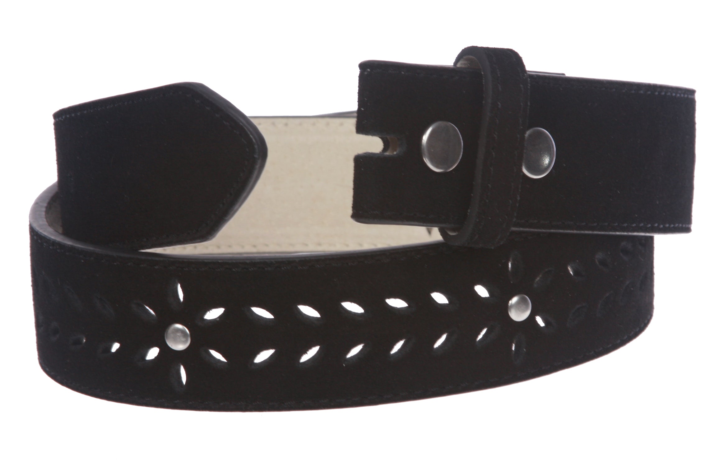 1 1/2" (38 mm) Snap on Suede Perforated Studded Leather Belt Strap - OnlineBelts