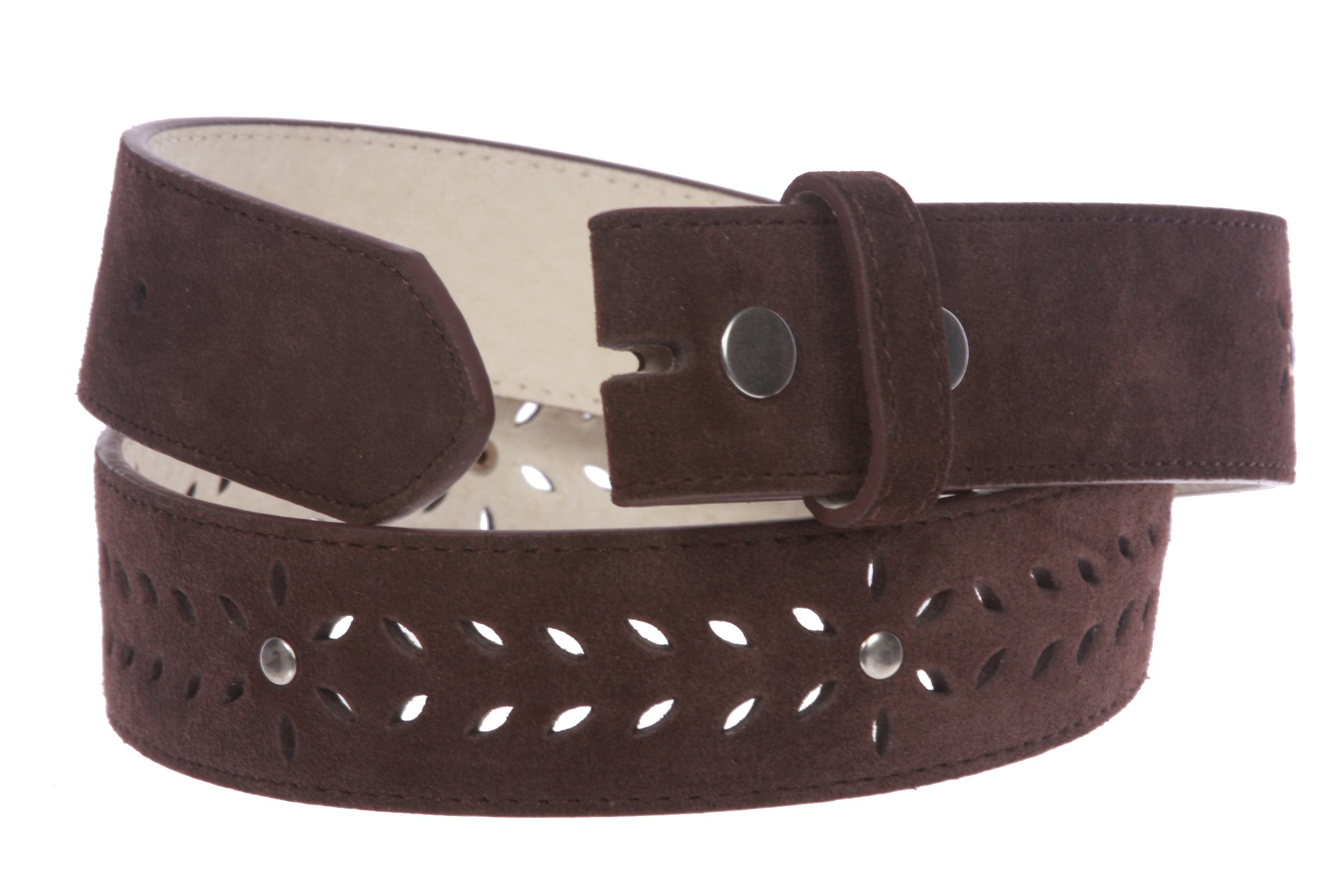 1 1/2" (38 mm) Snap on Suede Perforated Studded Leather Belt Strap - OnlineBelts