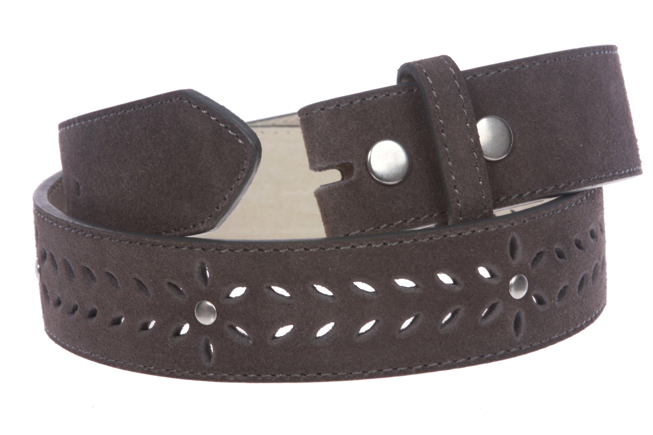 1 1/2" (38 mm) Snap on Suede Perforated Studded Leather Belt Strap - OnlineBelts
