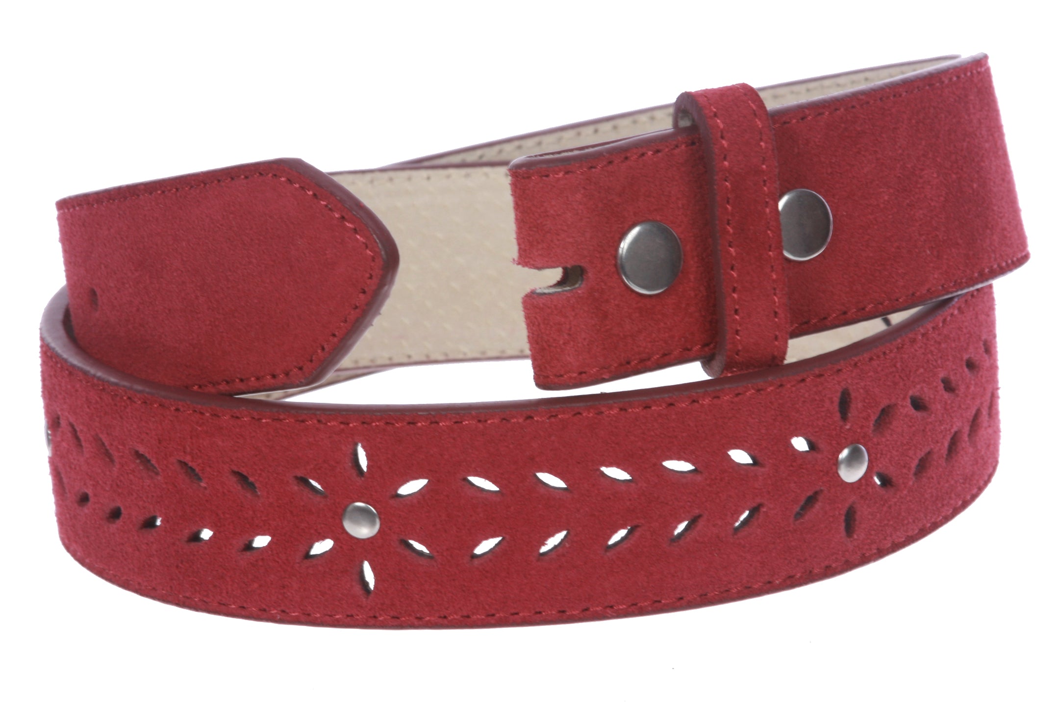 1 1/2" (38 mm) Snap on Suede Perforated Studded Leather Belt Strap - OnlineBelts