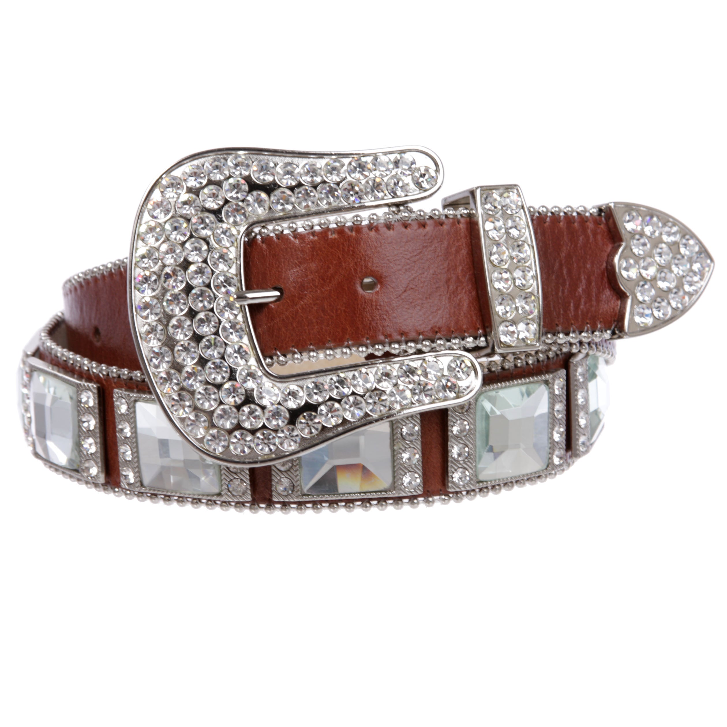 Western Square Rhinestone Ornaments Top Grain Genuine Leather Belt - OnlineBelts