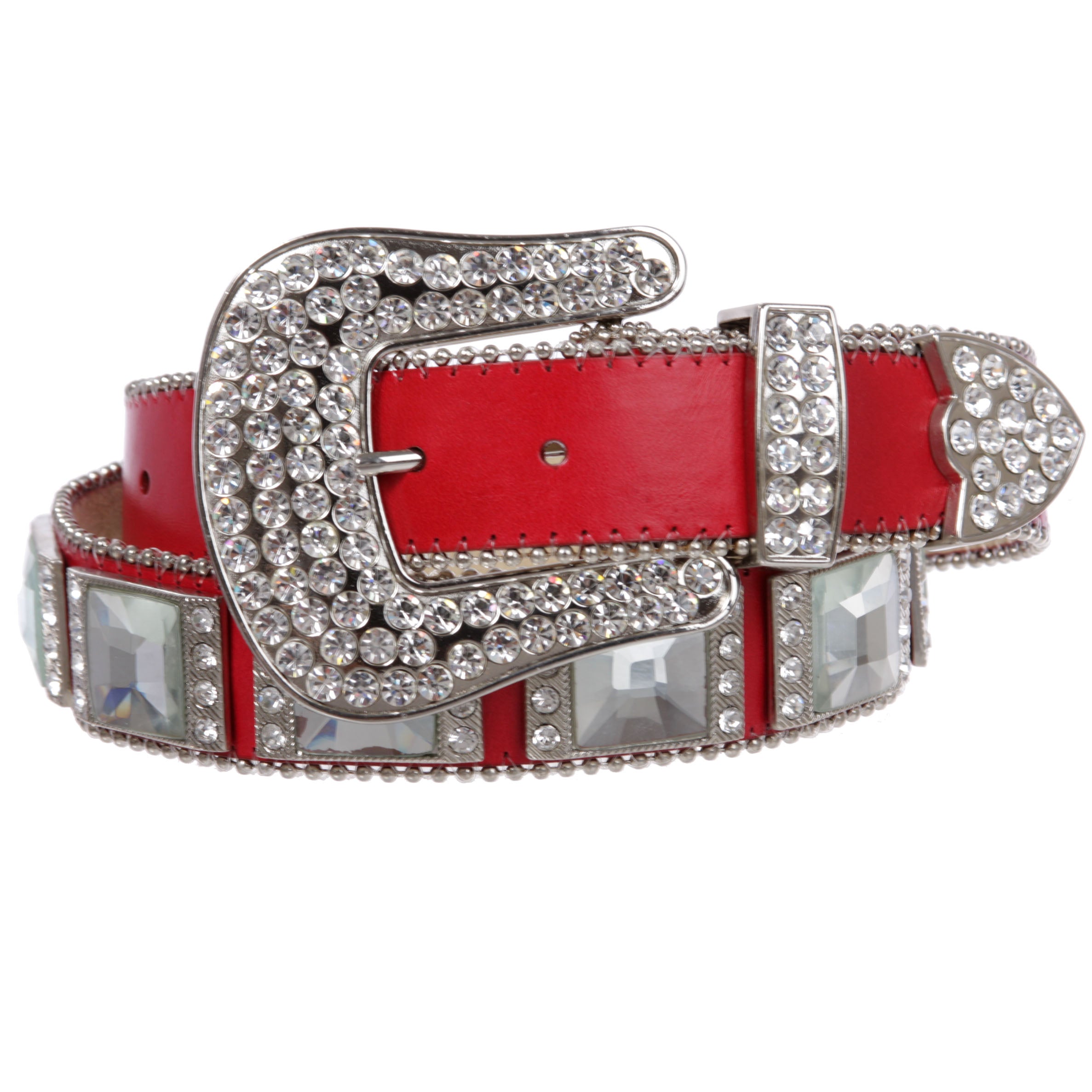 Western Square Rhinestone Ornaments Top Grain Genuine Leather Belt - OnlineBelts