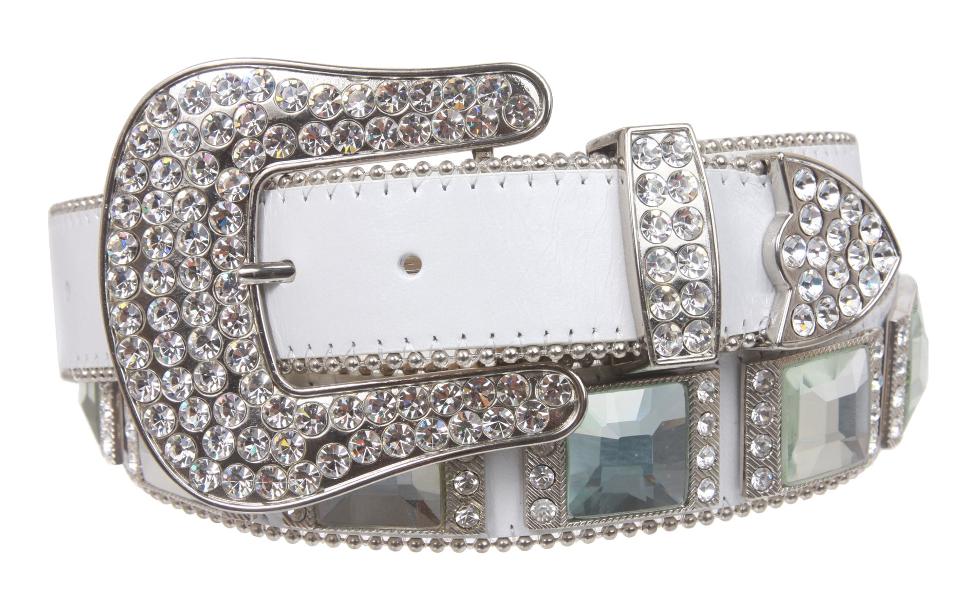 Western Square Rhinestone Ornaments Top Grain Genuine Leather Belt - OnlineBelts