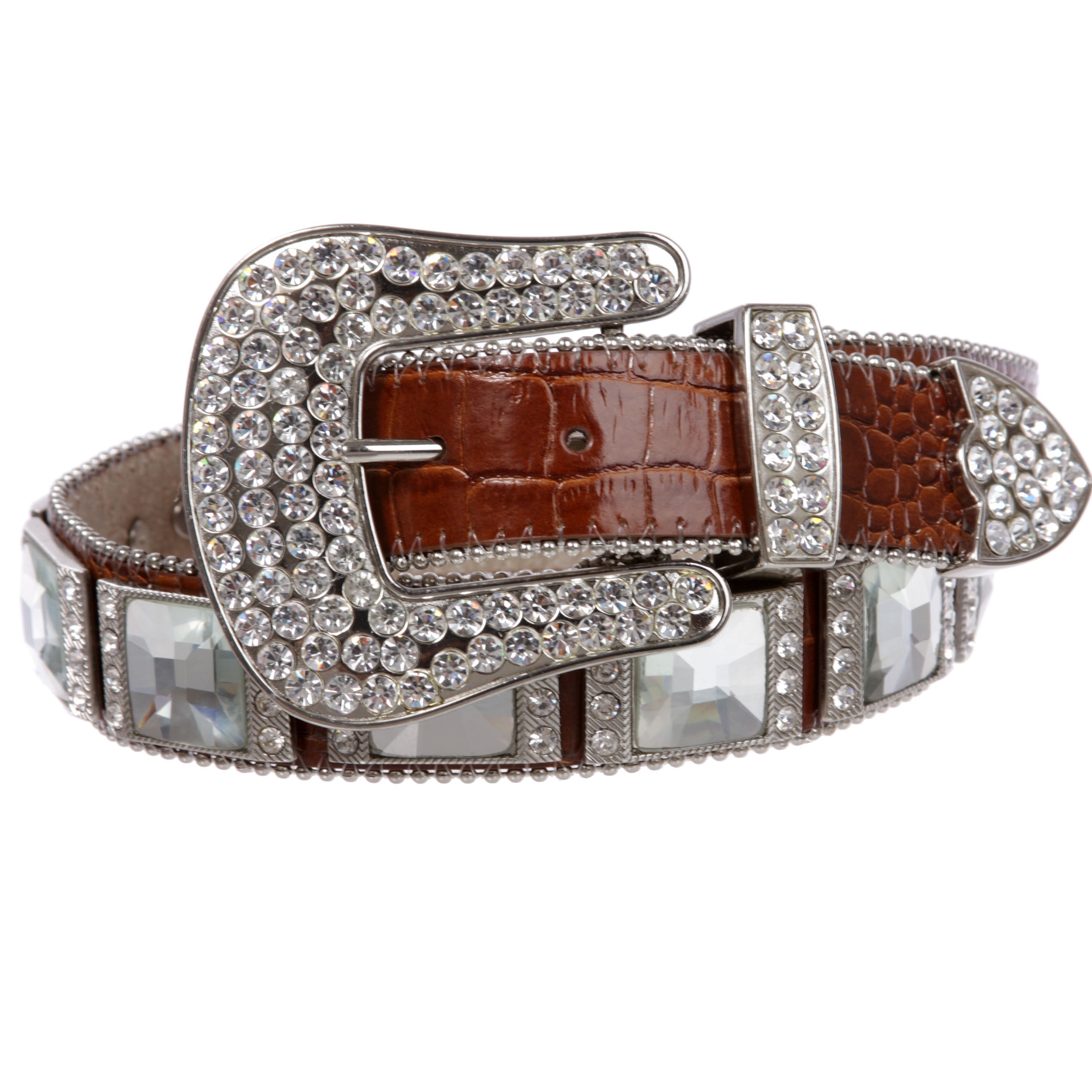 Western Cowgirl Alligator Rhinestone Concho Croco Print Leather Belt - OnlineBelts