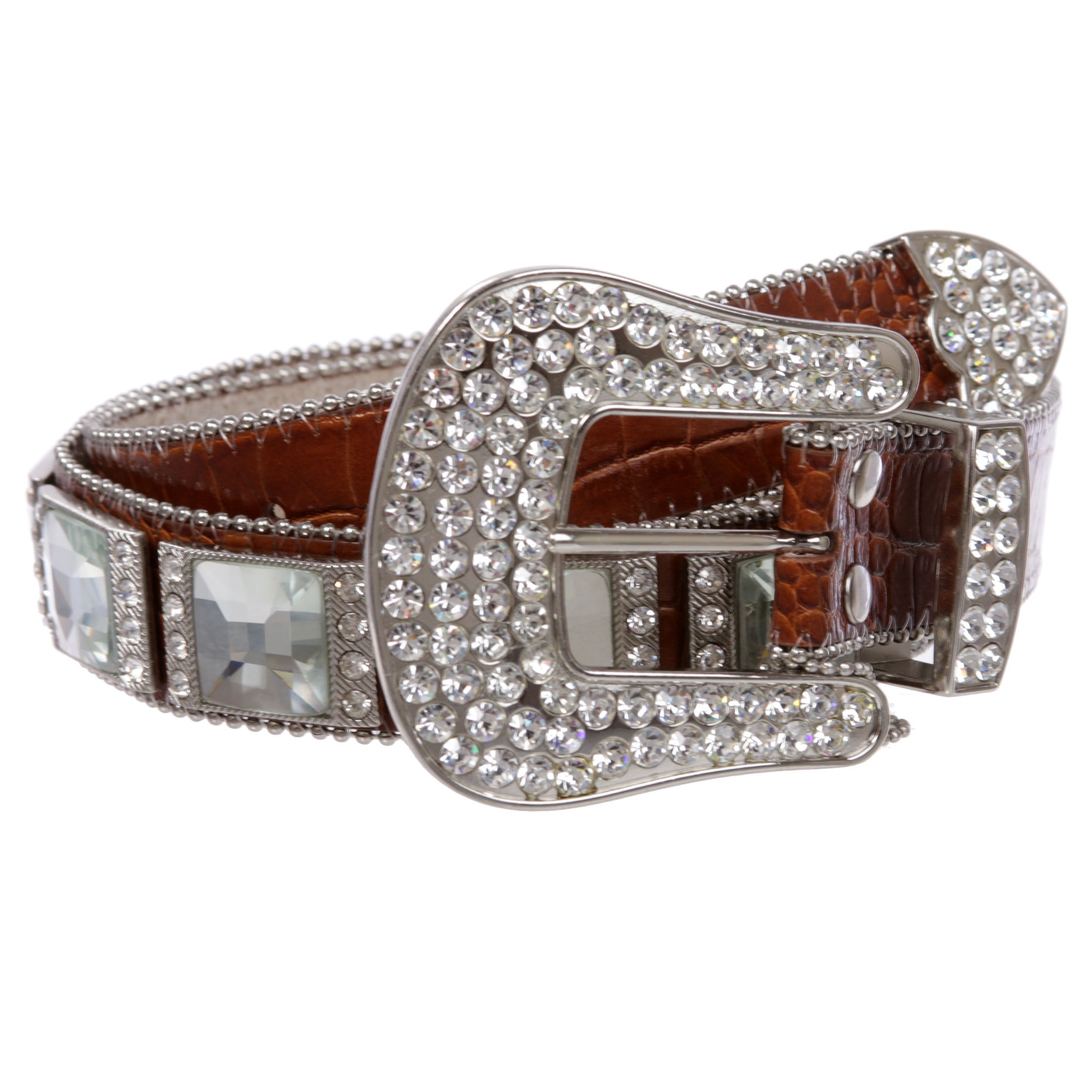Western Cowgirl Alligator Rhinestone Concho Croco Print Leather Belt - OnlineBelts