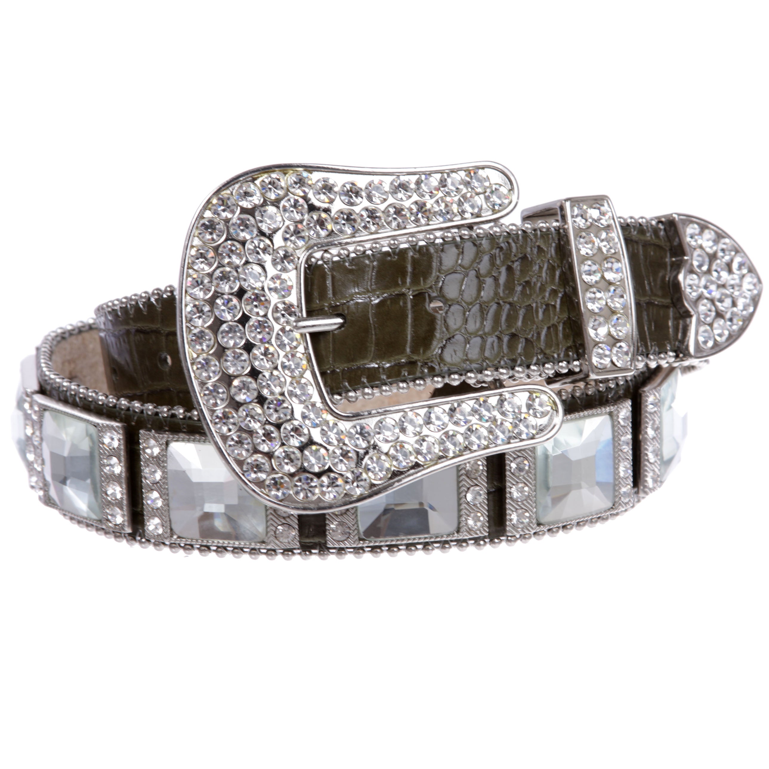 Western Cowgirl Alligator Rhinestone Concho Croco Print Leather Belt - OnlineBelts