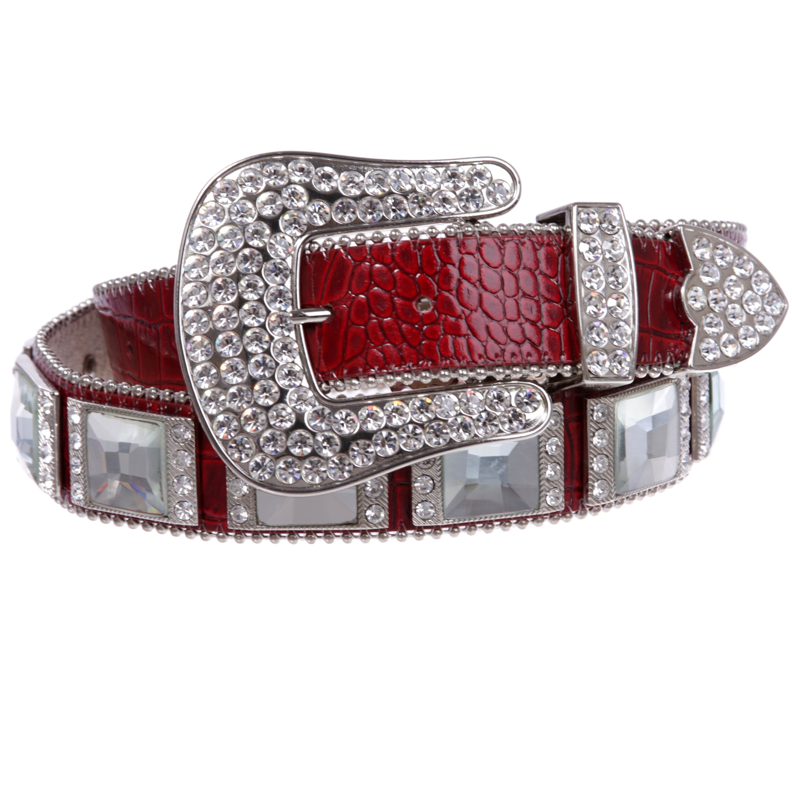 Western Cowgirl Alligator Rhinestone Concho Croco Print Leather Belt - OnlineBelts