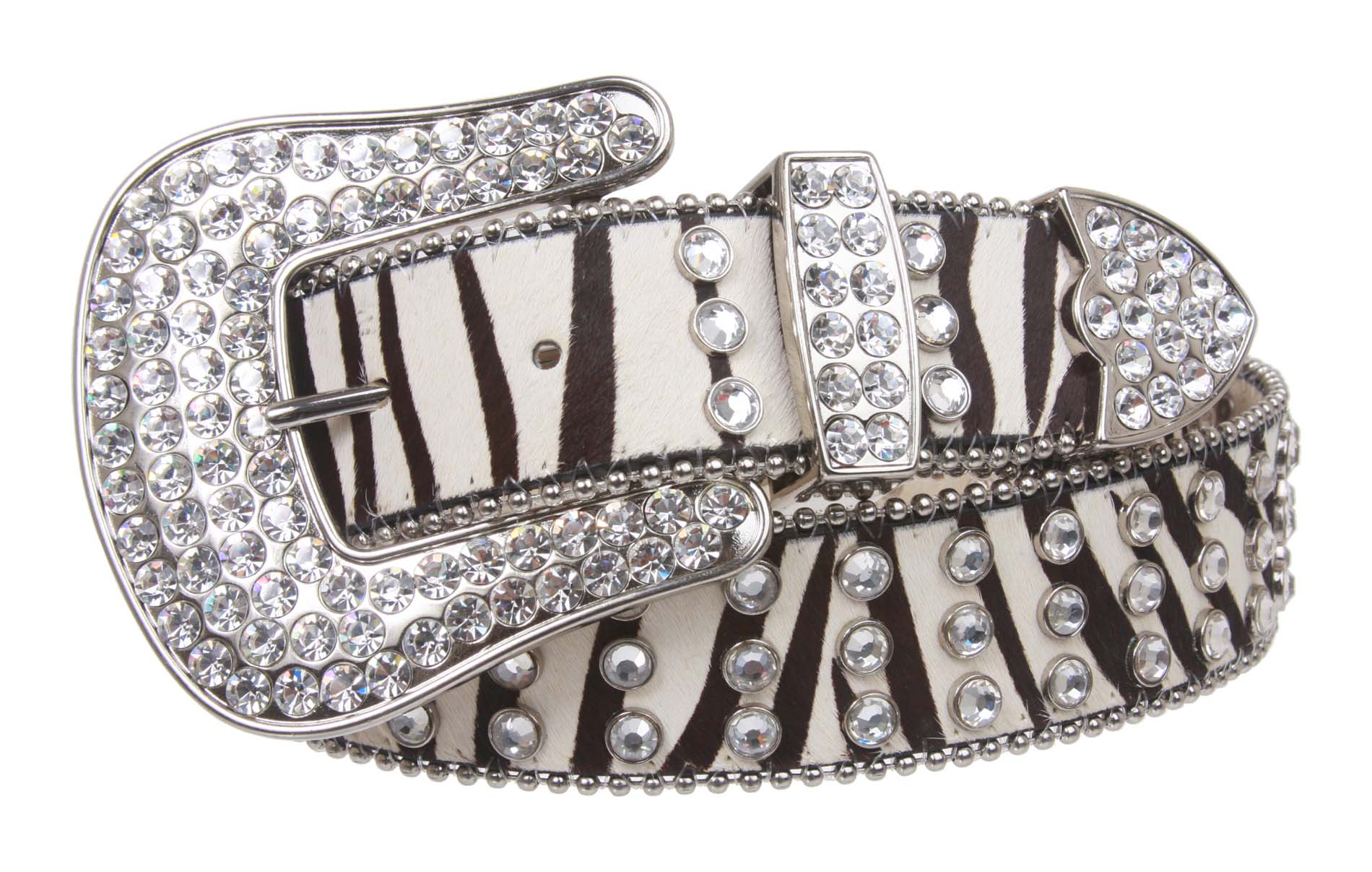 Cow Hair Western Rhinestone Ornaments Zebra Print Genuine Leather Belt - OnlineBelts