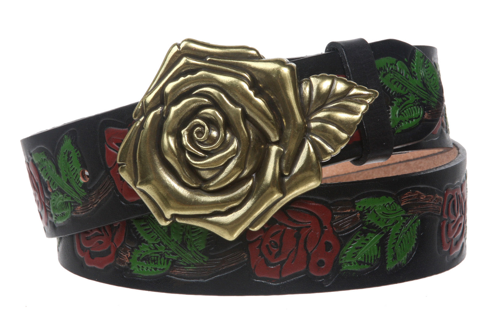 1 1/2" (38 mm) Snap on Embossed Roses Leather Belt - OnlineBelts