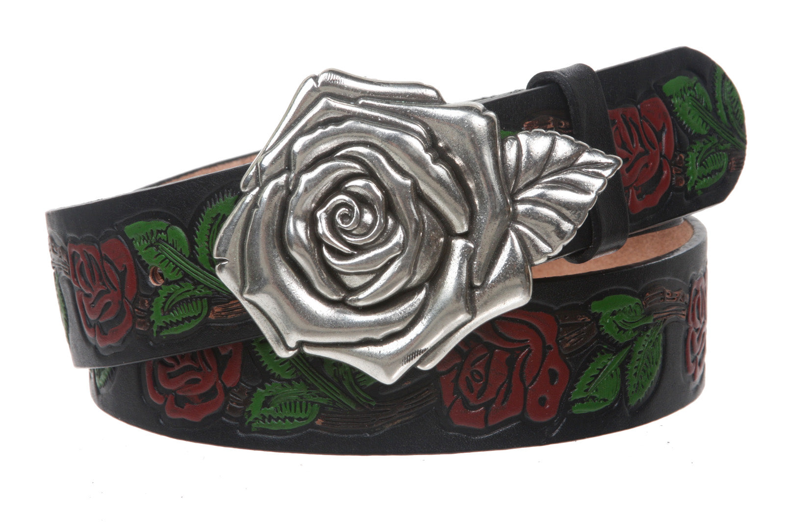 1 1/2" (38 mm) Snap on Embossed Roses Leather Belt - OnlineBelts