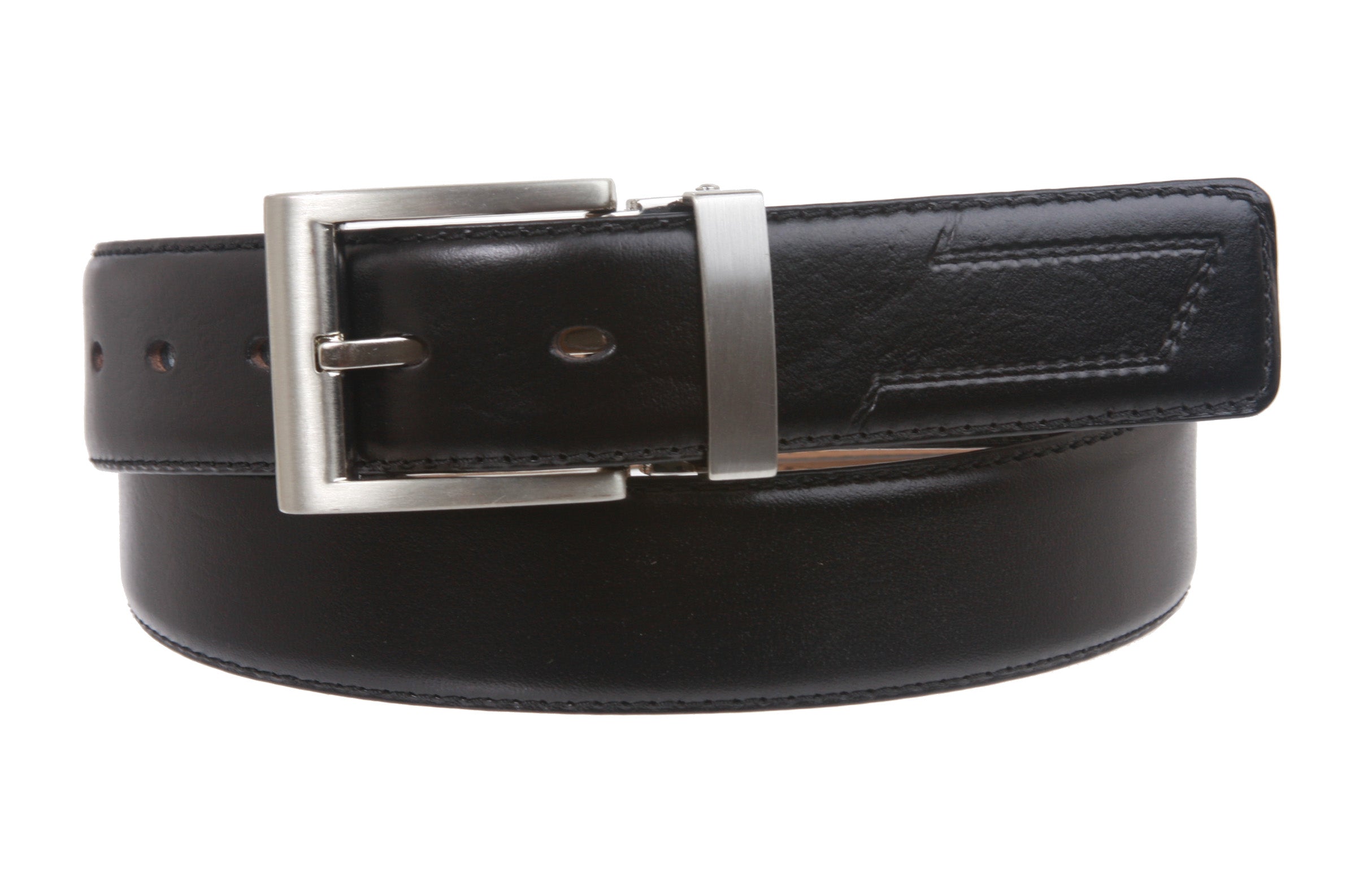 Men's 1 1/4" (34 mm) Stitching Feather Edged Plain Leather Dress Belt with Nickel Free Clamp Buckle - OnlineBelts