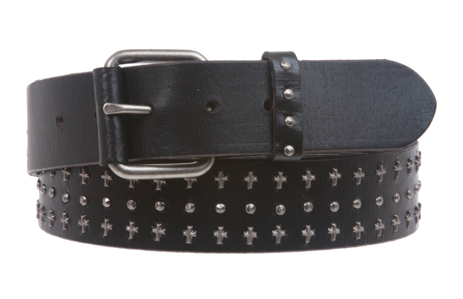 1 1/2" Snap On Riveted Chritian Religious Cross and Circle Studded Leather Belt