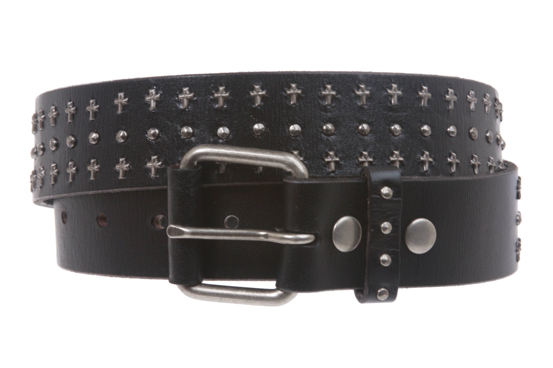 1 1/2" Snap On Riveted Chritian Religious Cross and Circle Studded Leather Belt - OnlineBelts