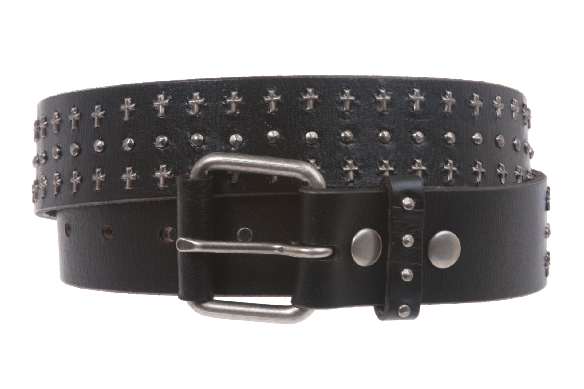 1 1/2" Snap On Riveted Chritian Religious Cross and Circle Studded Leather Belt
