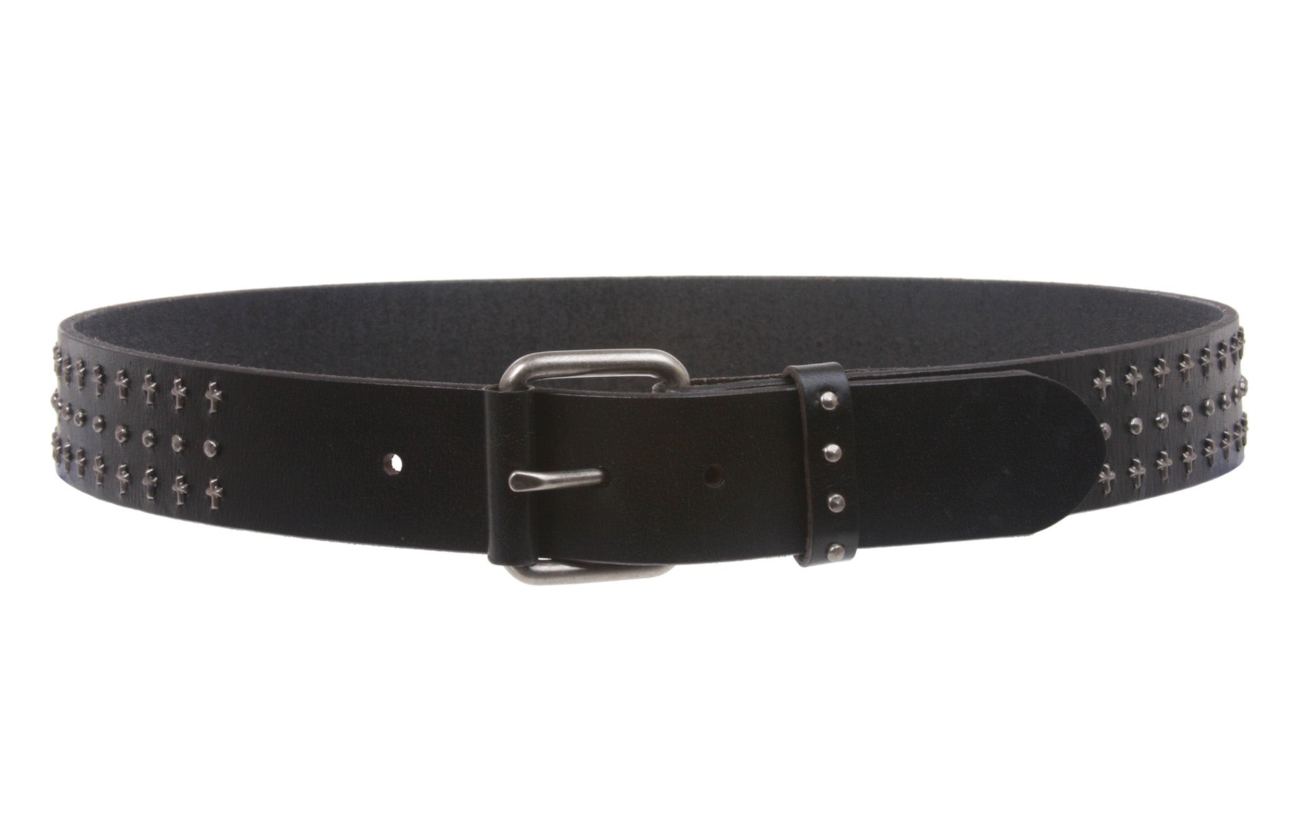1 1/2" Snap On Riveted Chritian Religious Cross and Circle Studded Leather Belt - OnlineBelts