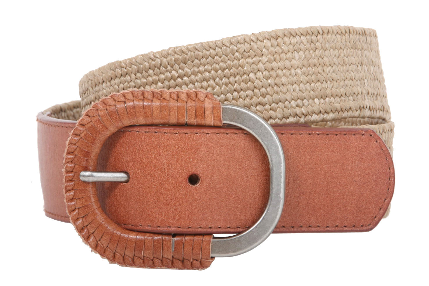 Semi-covered Elastic Raffia Woven Genuine Leather Stretch Belt - OnlineBelts