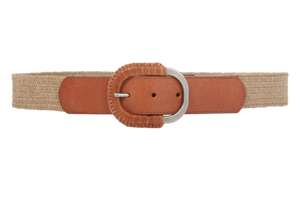 Semi-covered Elastic Raffia Woven Genuine Leather Stretch Belt