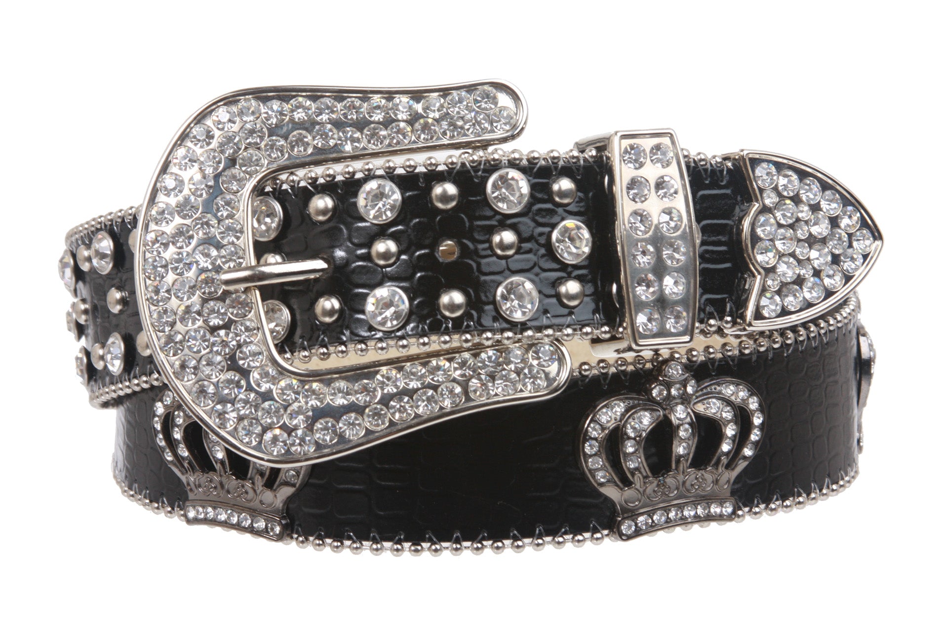 Snap On Rhinestone Crown Silver Circle Studded Genuine Leather Belt - OnlineBelts