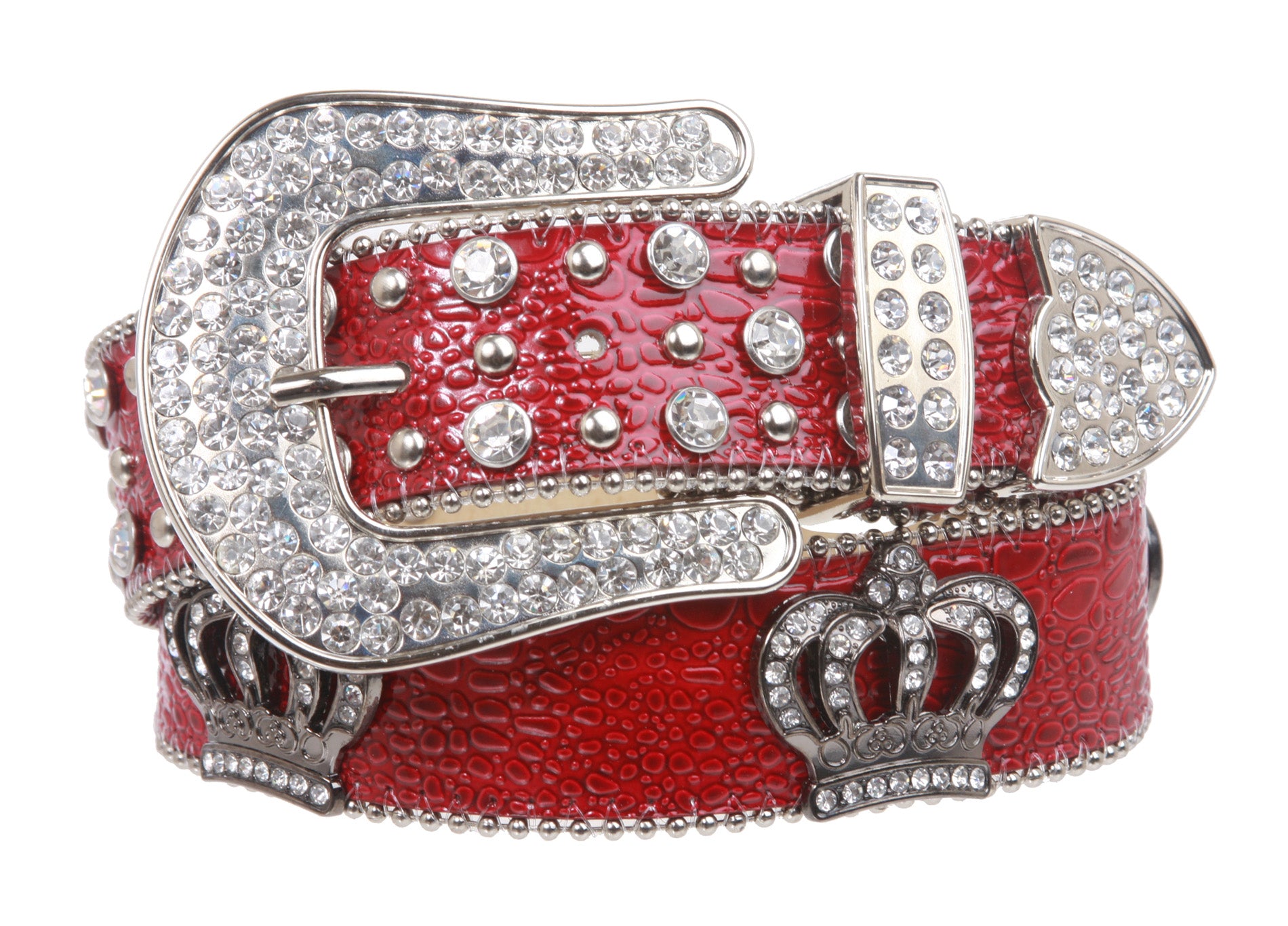 Snap On Rhinestone Crown Silver Circle Studded Genuine Leather Belt - OnlineBelts