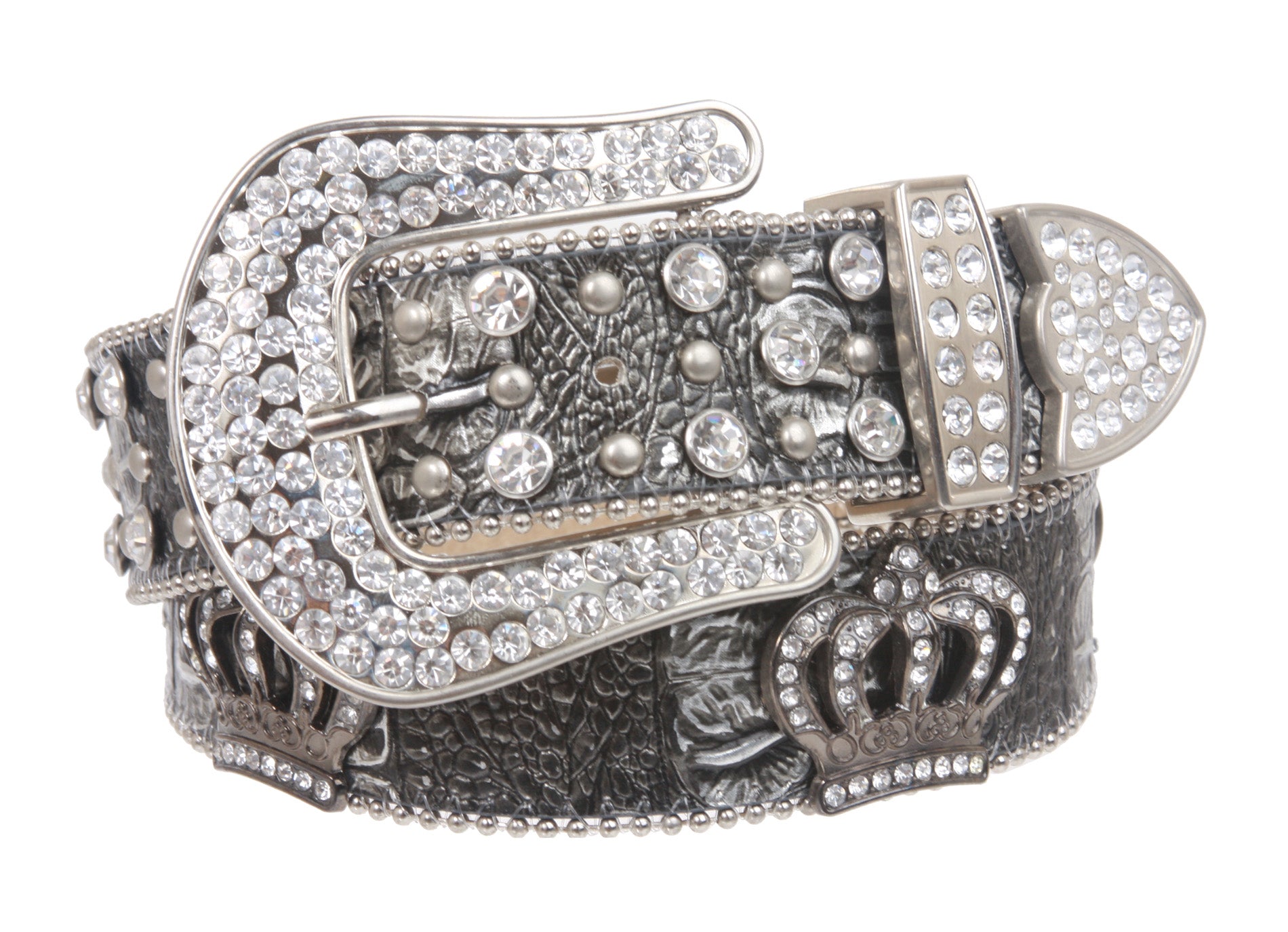 Snap On Rhinestone Crown Silver Circle Studded Genuine Leather Belt - OnlineBelts