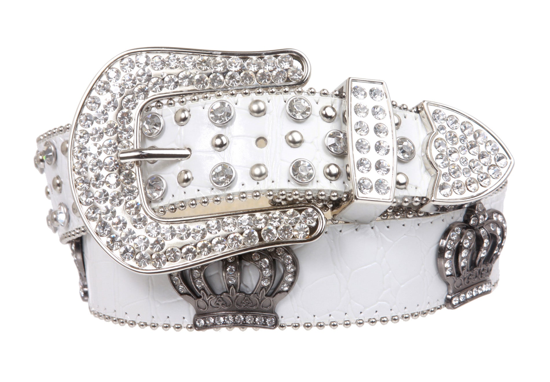 Snap On Rhinestone Crown Silver Circle Studded Genuine Leather Belt - OnlineBelts