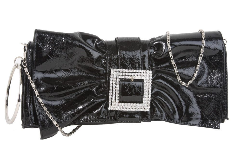 Rhinestone Buckled Metal Circle Let Ruffled Bow Design Patent Evening Bag - OnlineBelts